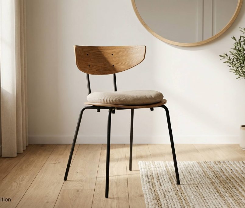 Hyperrealistische Szene eines kompakten Eichenstuhls in einem kleinen, warmen, minimalistischen Raum mit klarer Holzmaserung.