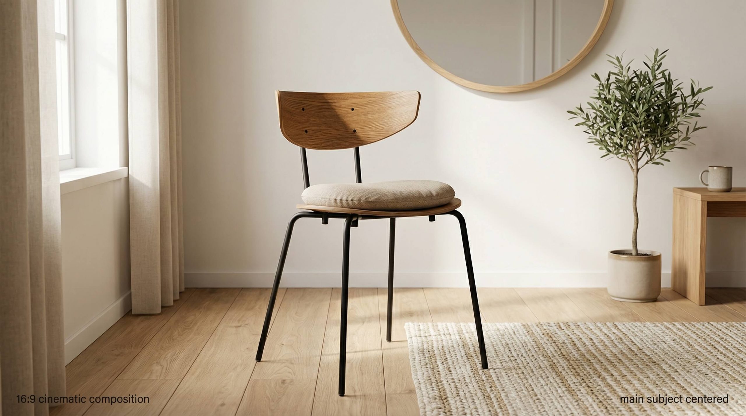 Hyperrealistische Szene eines kompakten Eichenstuhls in einem kleinen, warmen, minimalistischen Raum mit klarer Holzmaserung.