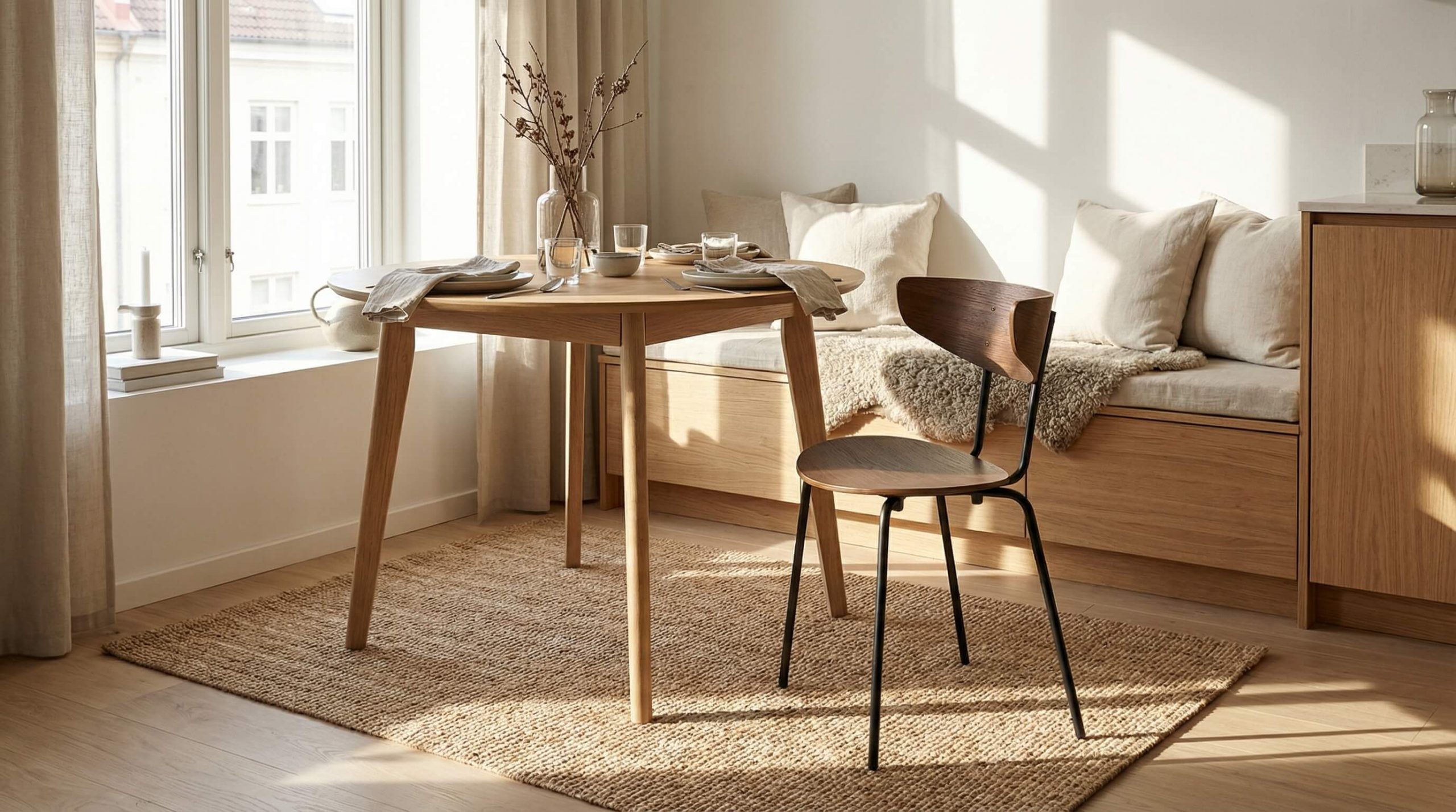 Heller minimalistischer Wohnraum mit Eichenstuhl, natürlichem Licht und platzsparender Einrichtung im 16:9 Format.