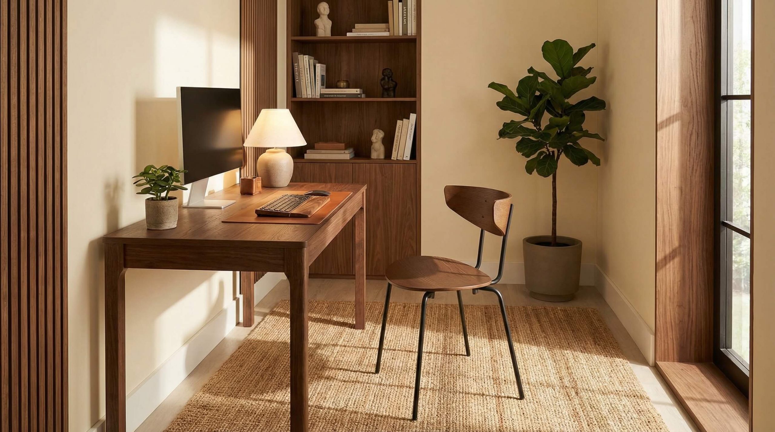 Kleines Homeoffice mit ergonomischem Eichenstuhl, natürlicher Holzstruktur und warmem Licht in 16:9 Komposition.