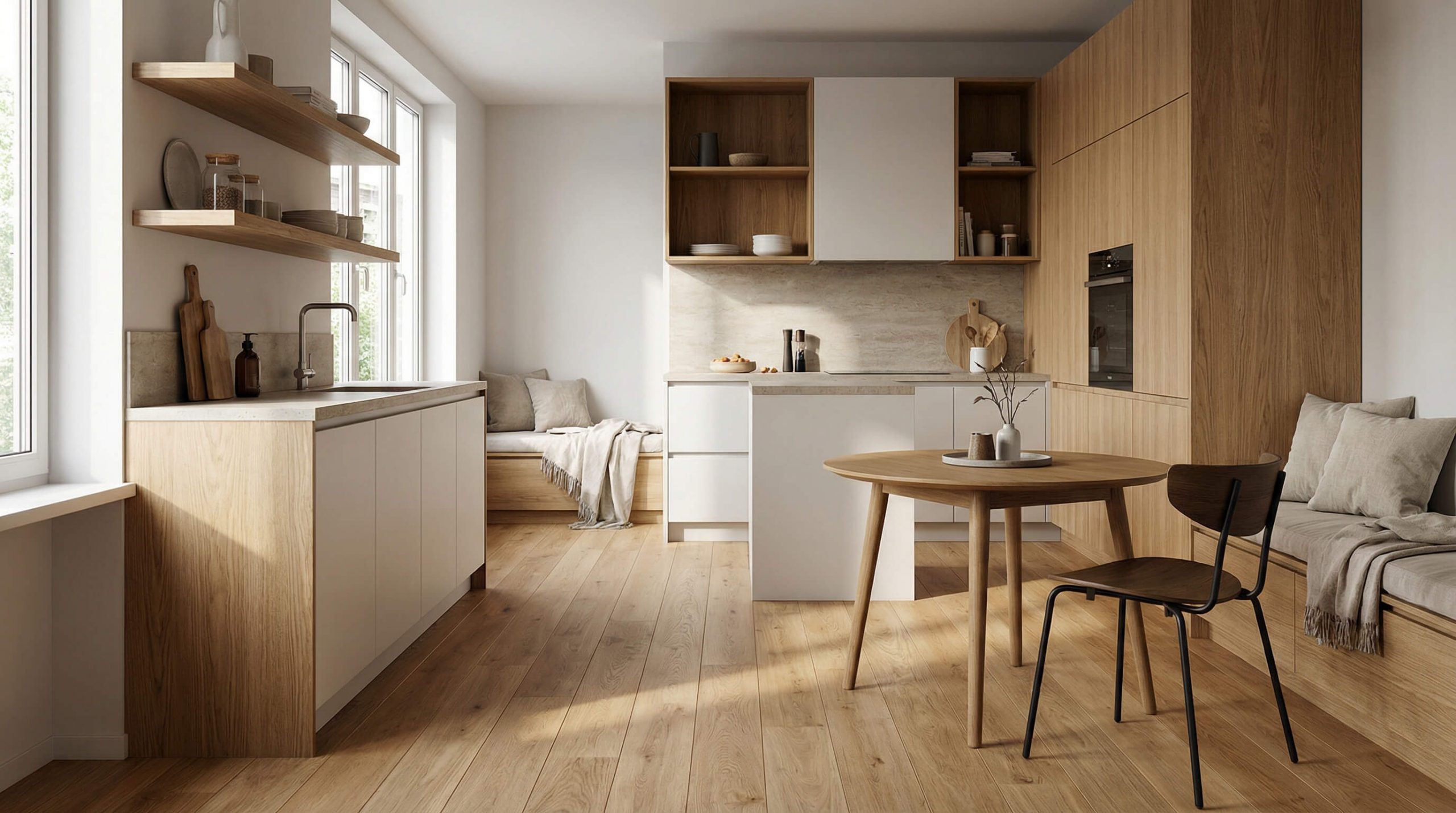 Moderne kleine Wohnküche mit filigranem Eichenstuhl, warmem Licht und natürlicher Holzmaserung.