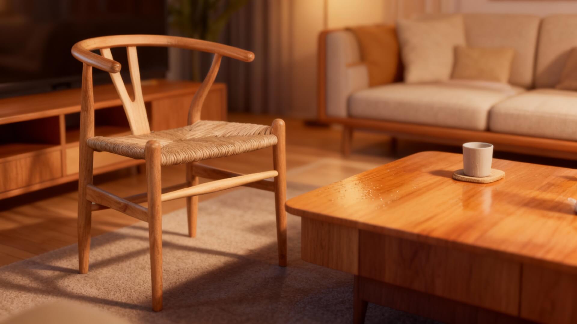 Modernes Wohnzimmer mit Eichenmöbeln, natürlicher Maserung und nachhaltigen Pflegedetails in warmem Licht.