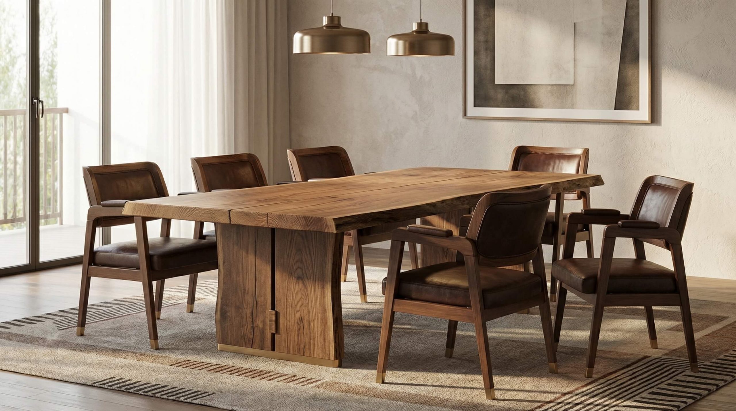 Modernes Esszimmer mit hellem Eichenholz und dunklen Lederakzenten für eleganten Materialmix.