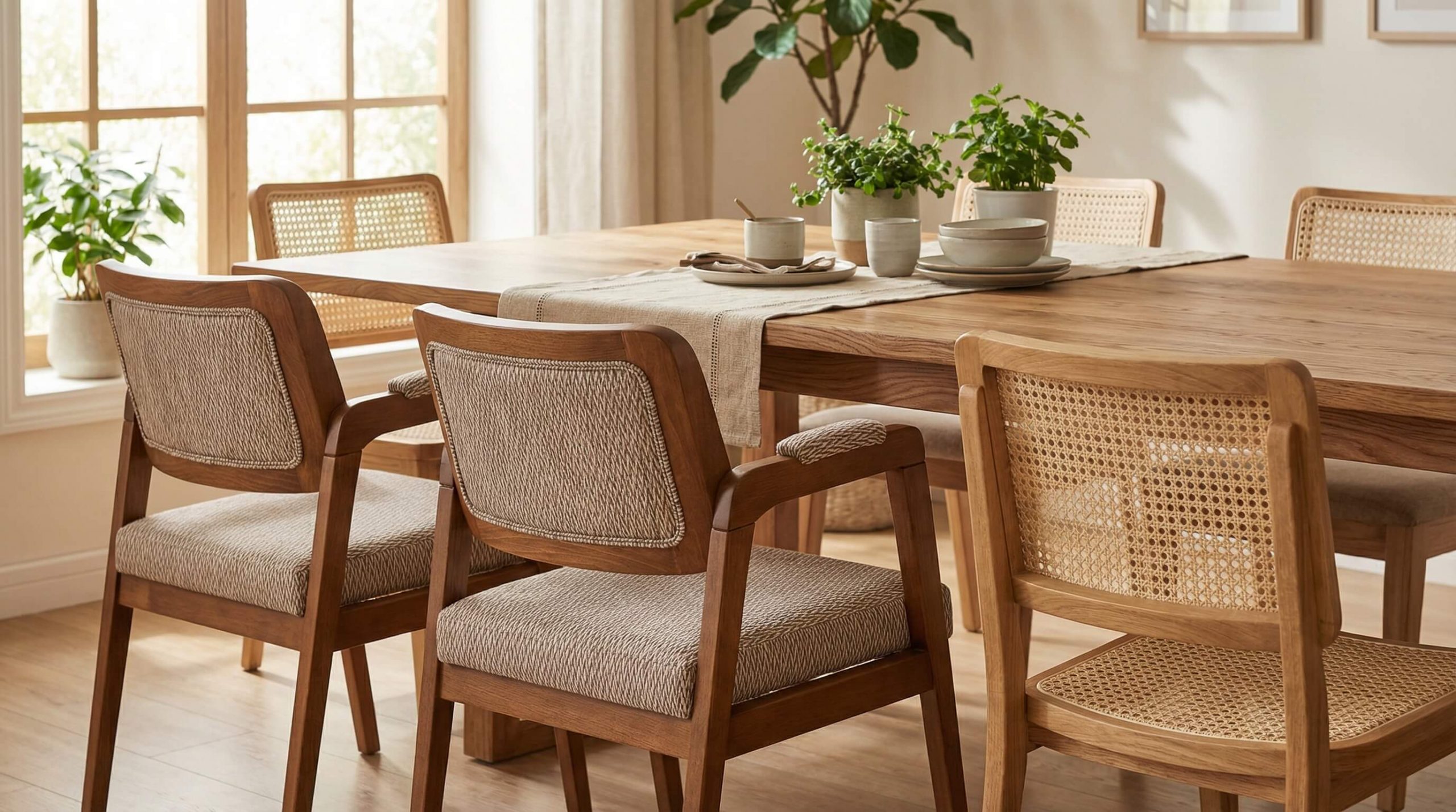 Luftiges Esszimmer mit Eichenholz und Rattantexturen im skandinavischen Materialmix.