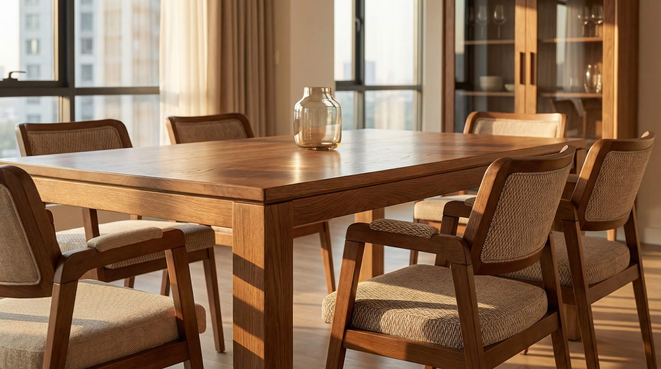 Helles Esszimmer mit Eichenholz, Stoffelementen und natürlicher Lichtstimmung für harmonischen Materialmix.