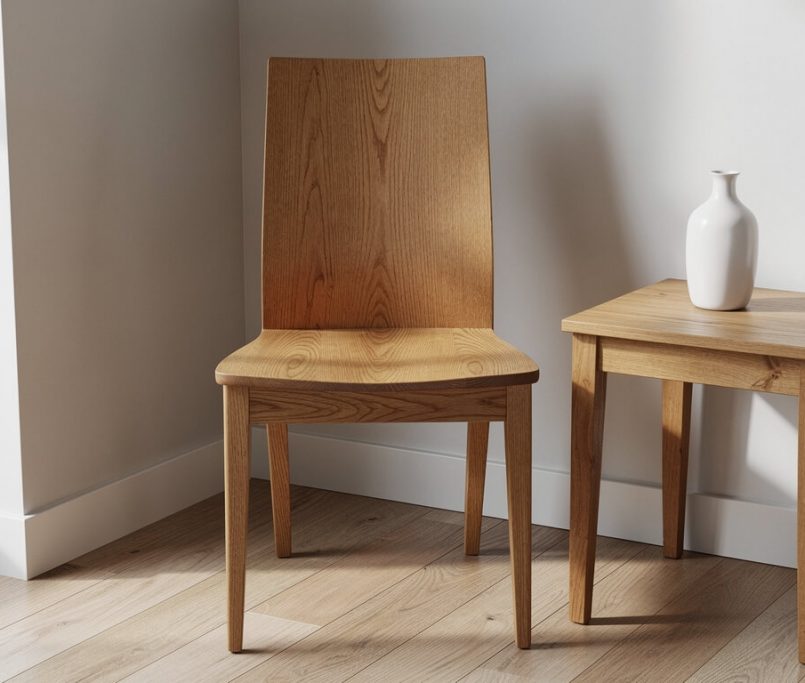 Quadratisches Teaserbild eines hochwertigen massiven Eichenstuhls in moderner, heller Interior-Ecke mit klar sichtbarer Holzmaserung.
