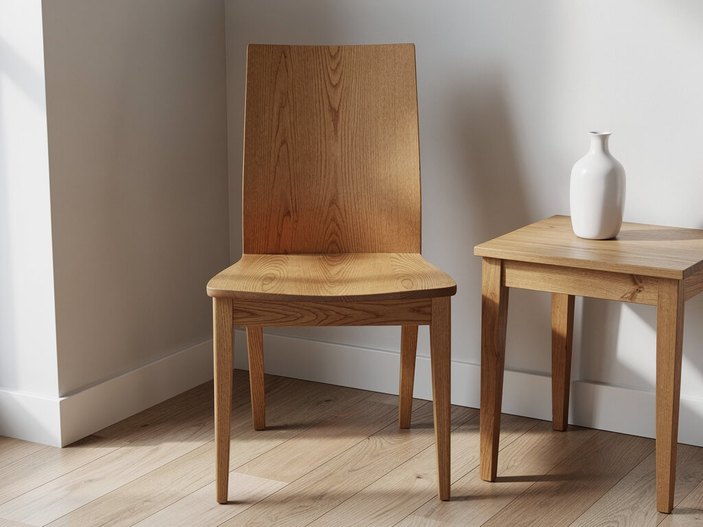 Quadratisches Teaserbild eines hochwertigen massiven Eichenstuhls in moderner, heller Interior-Ecke mit klar sichtbarer Holzmaserung.