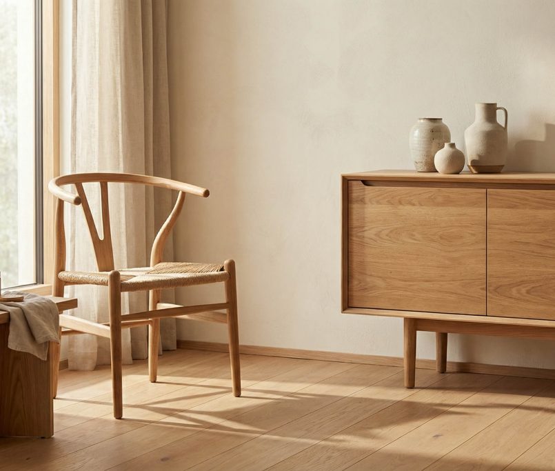 Hyperrealistisches warmes Interieur mit massiven Eichenmöbeln, sanfter Beleuchtung und klar sichtbarer Holzpflege.