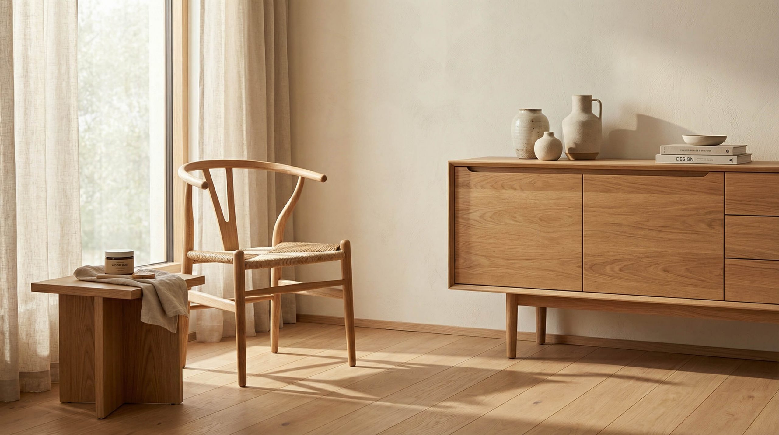 Hyperrealistisches warmes Interieur mit massiven Eichenmöbeln, sanfter Beleuchtung und klar sichtbarer Holzpflege.