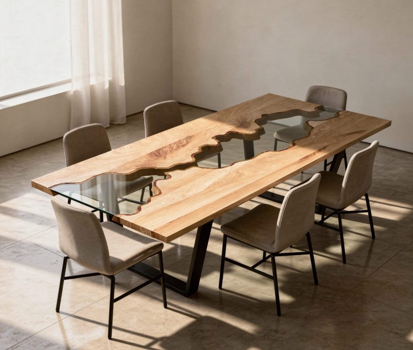 Hyperrealistisches warmes Interieur mit massivem Eichen-Esstisch, ausgewogenen Proportionen und harmonischen Abständen im modernen Raum.