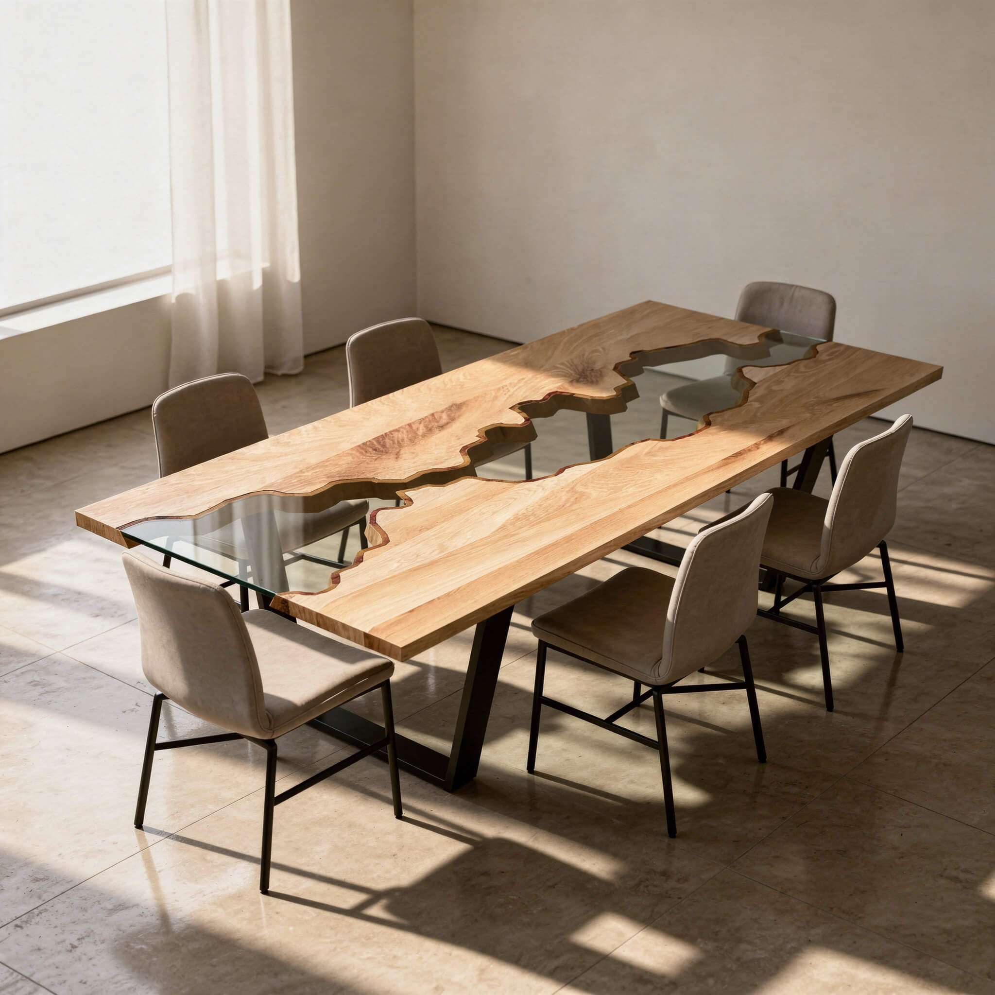 Hyperrealistisches warmes Interieur mit massivem Eichen-Esstisch, ausgewogenen Proportionen und harmonischen Abständen im modernen Raum.