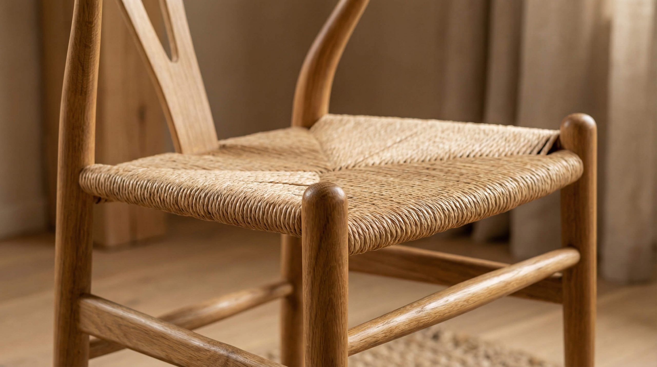 Detailaufnahme eines Eichenstuhls mit sichtbarer Maserung und nachhaltiger Oberflächenpflege in natürlichem Licht.