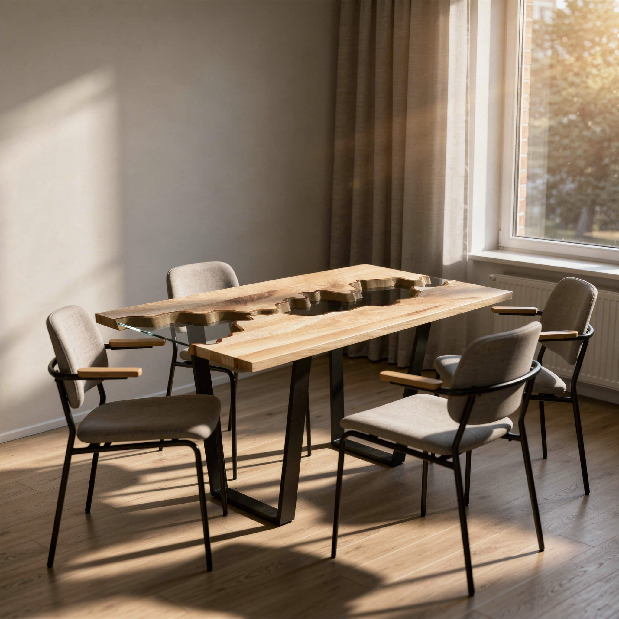 Kleiner Essbereich mit rundem Tisch in idealen Maßen, warm gestaltet mit Eichenholzdetails.