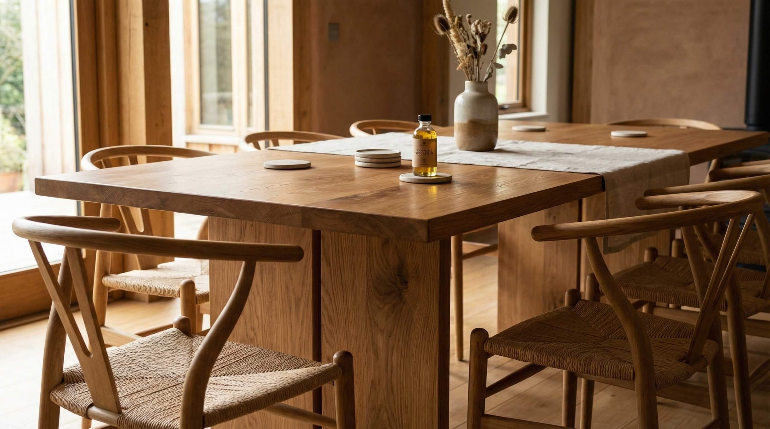 Warmer Essbereich aus massiver Eiche mit weichem Tageslicht und natürlicher Holzmaserung für nachhaltige Möbelpflege.