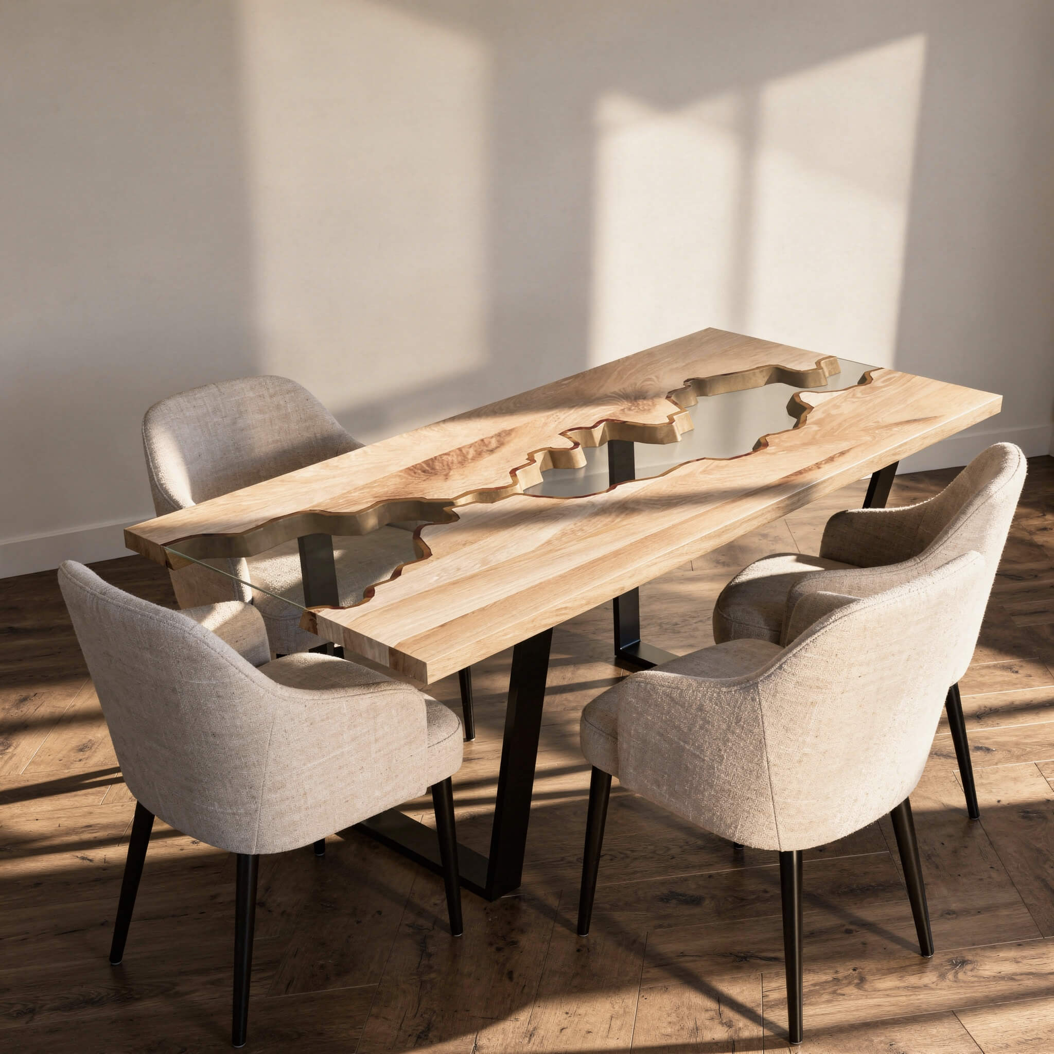 Helles Esszimmer mit massivem Eichen-Esstisch in optimalen Proportionen und natürlicher Beleuchtung.