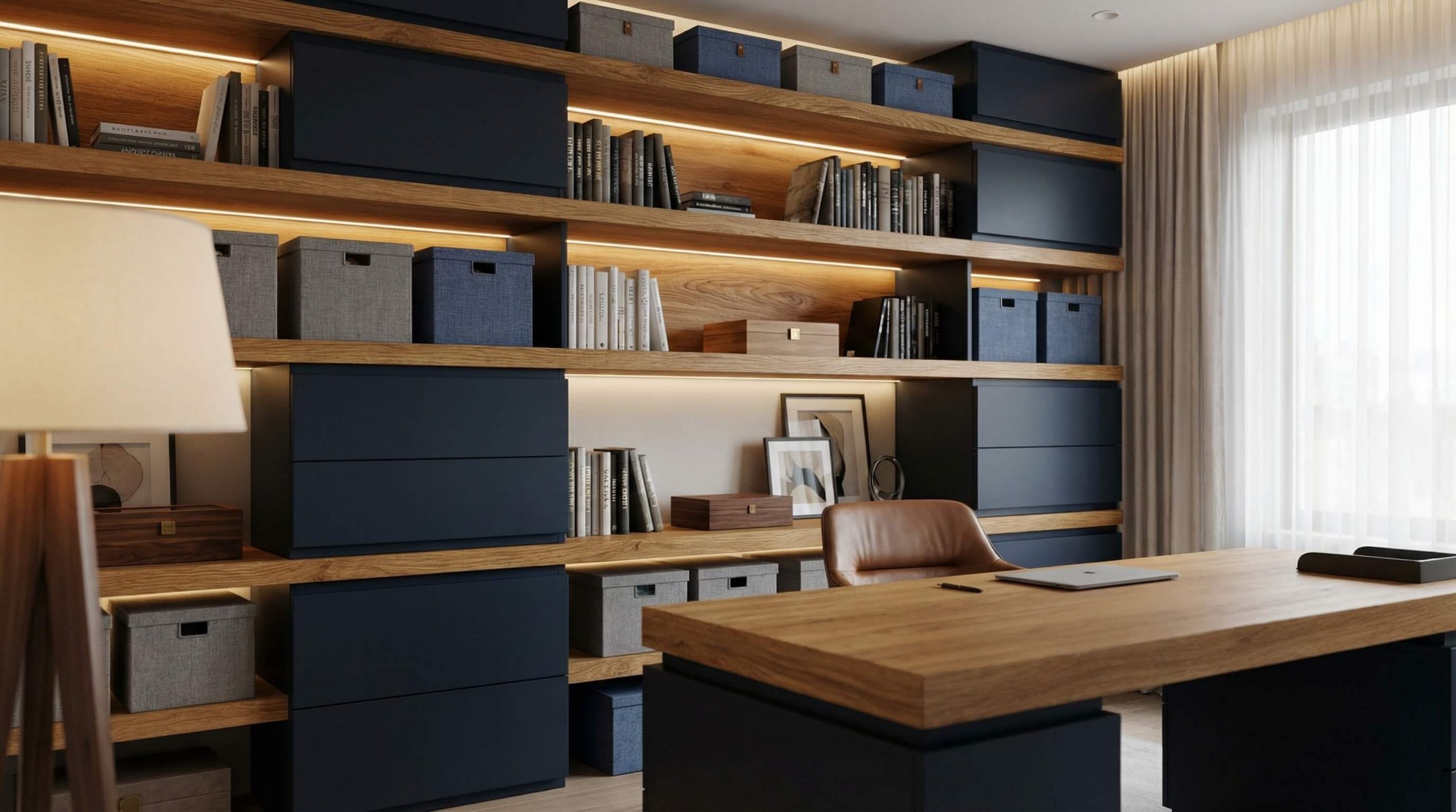 Elegantes Arbeitszimmer mit geordnetem Eichenregal, klarer Struktur und warmem Licht für ruhige, produktive Atmosphäre.