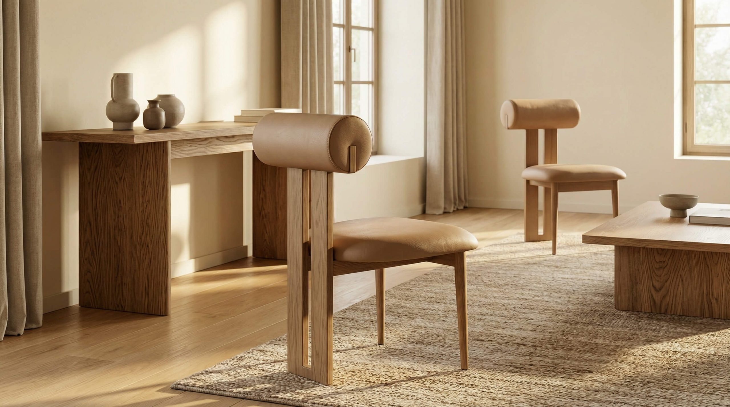 Hyperrealistische Szene, die Designstühle mit charaktervollen Formen in einem warmen, minimalistischen Wohnraum zeigt.