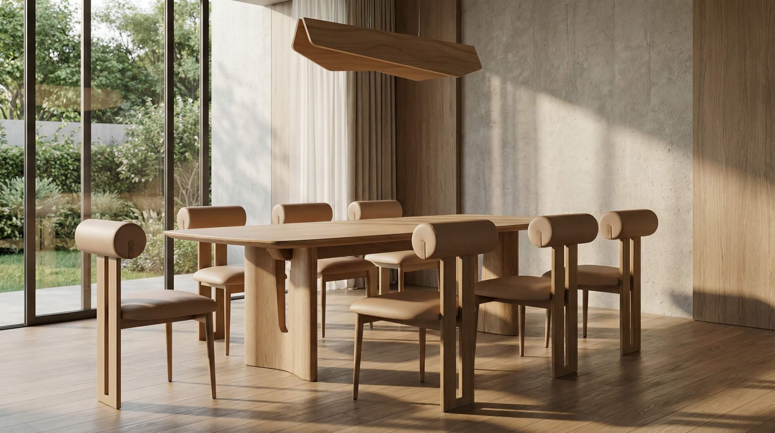 Hyperrealistisches Esszimmer mit unikaten Designstühlen aus Eiche in warmem Tageslicht vor moderner Einrichtung.