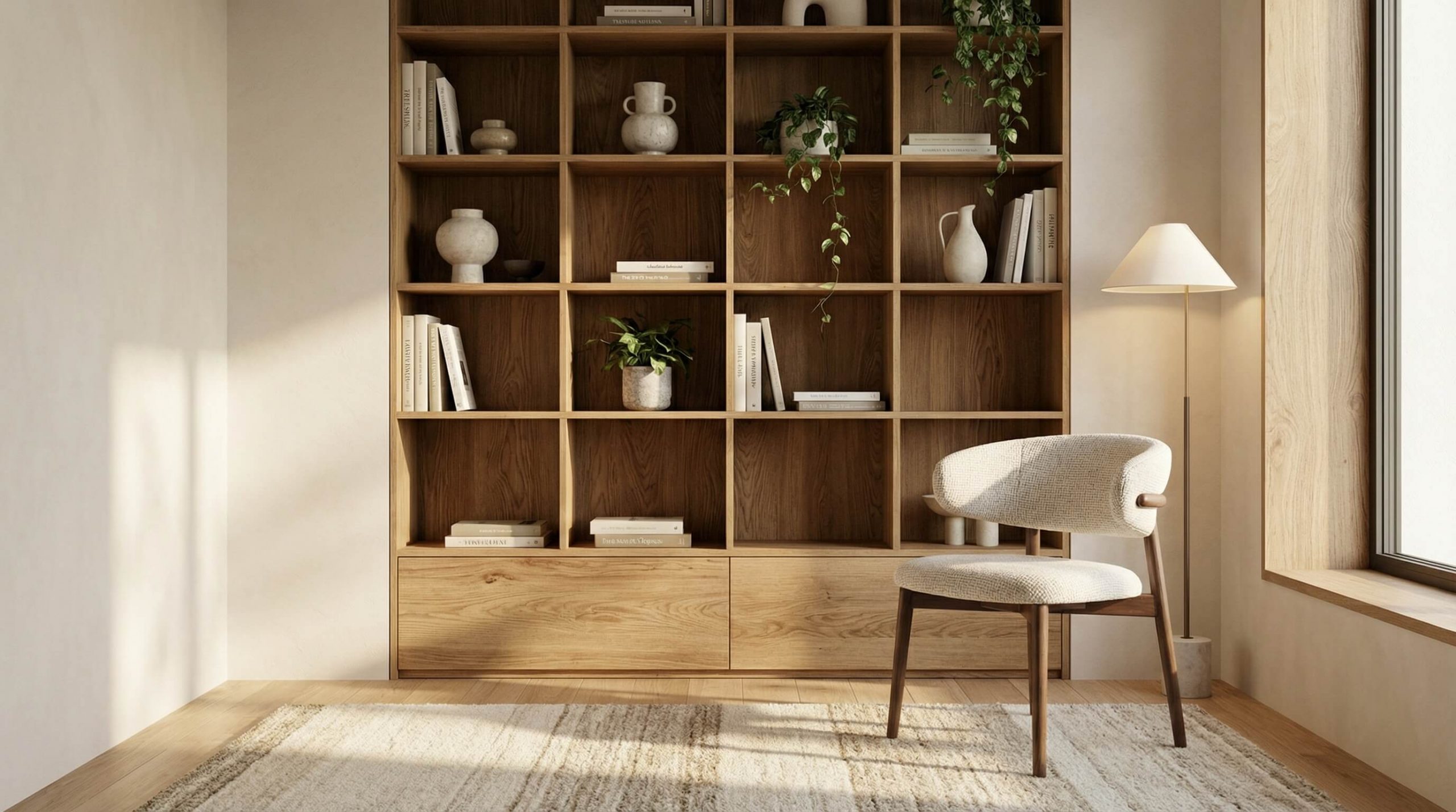 Gemütliche Leseecke mit Eichenregal, warmem Licht und harmonischen Farbtönen – Farbkonzepte Eiche harmonisch gestalten.