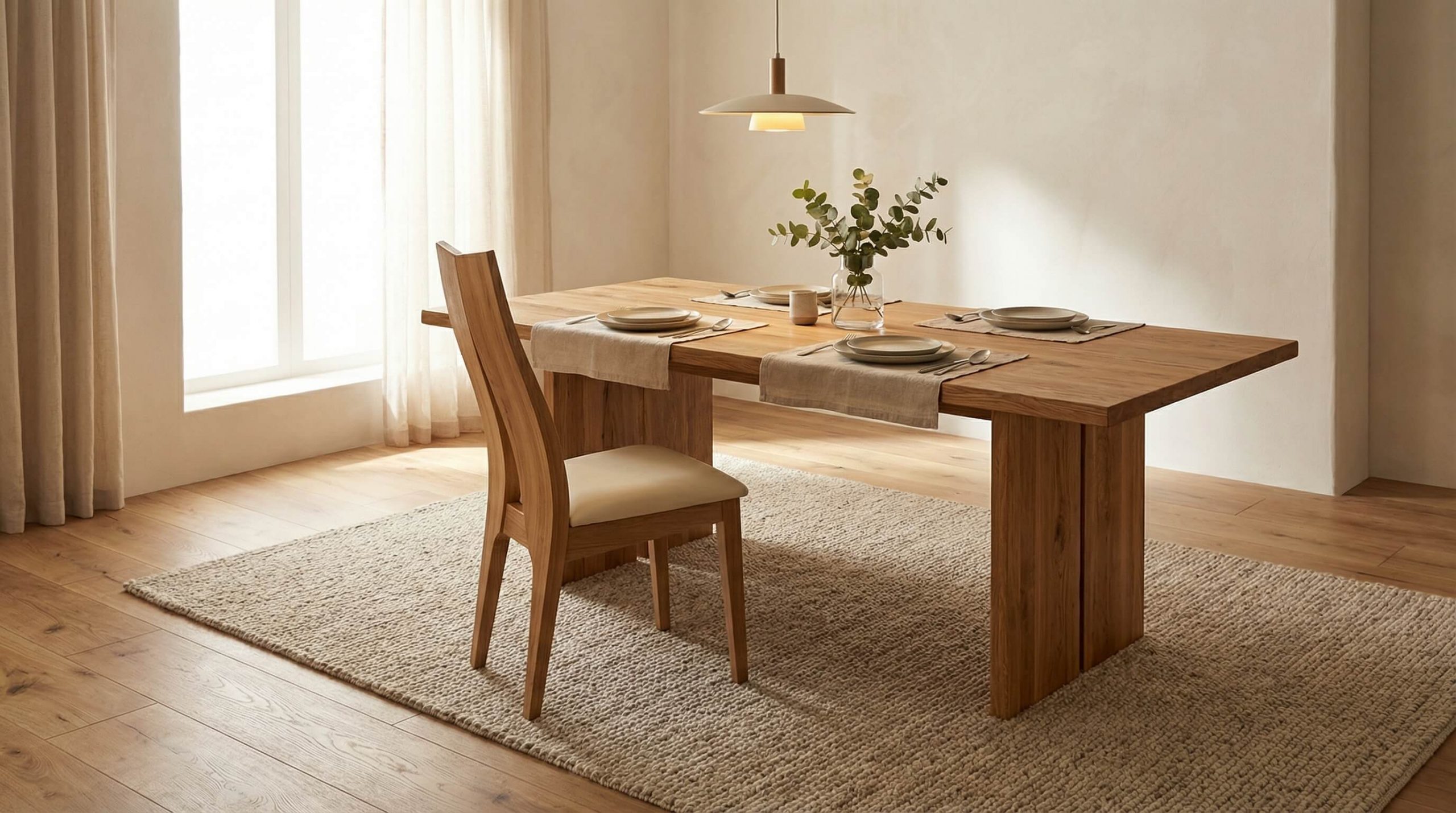 Hyperrealistische Innenaufnahme eines modernen Essbereichs mit hochwertigem Eichenstuhl und warmem minimalistischen Ambiente.