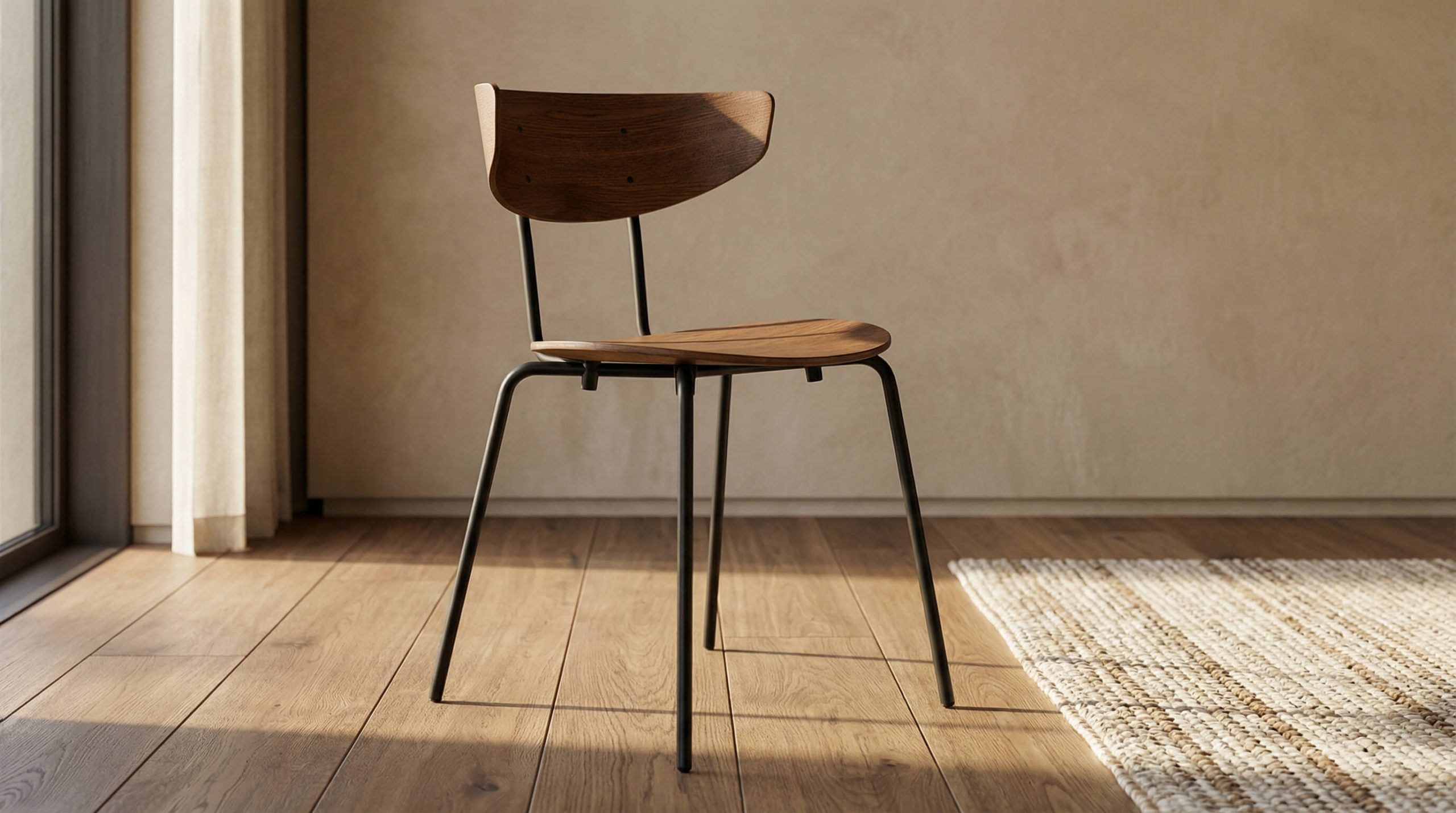 Ergonomische Stuhlwahl gesundes Sitzen zeigt einen hyperrealistischen Premium-Eichenstuhl in warmem minimalistischen Interior.