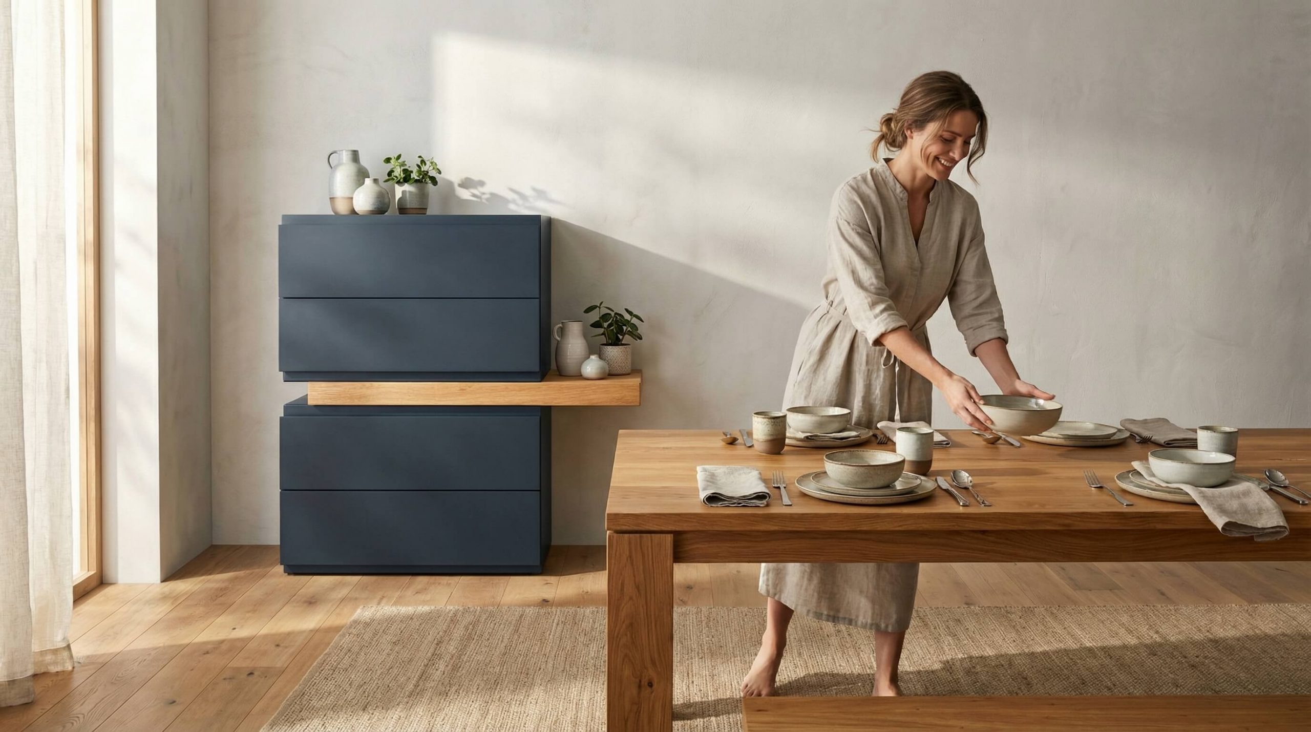 Elegantes Esszimmer mit Eiche-Linea Kommode zur optimalen Stauraumplanung Linea Kommode neben Massivholztisch.