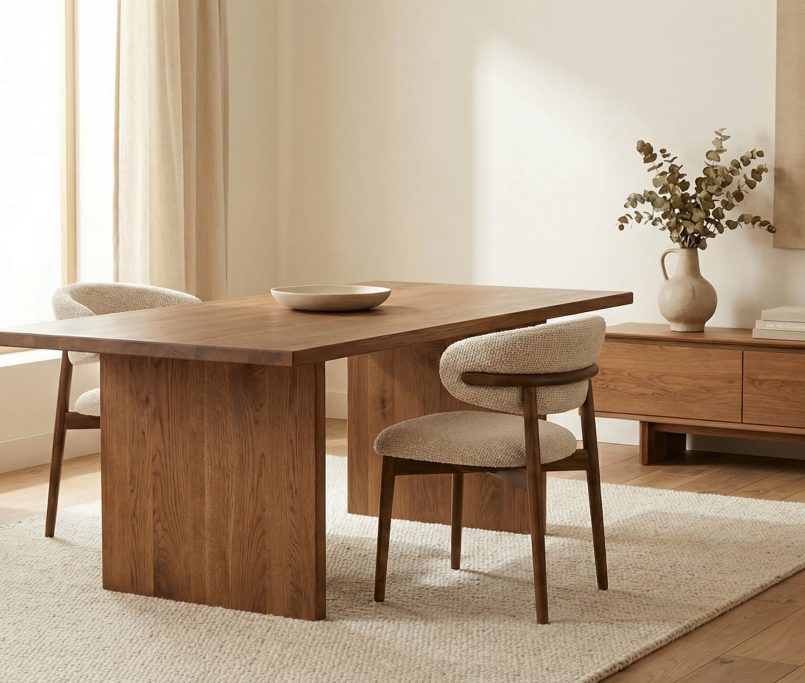 Hyperrealistisches Interior, das zeigt, wie Farbkonzepte Eiche harmonisch gestalten und warmes Eichenholz im Raum betonen.