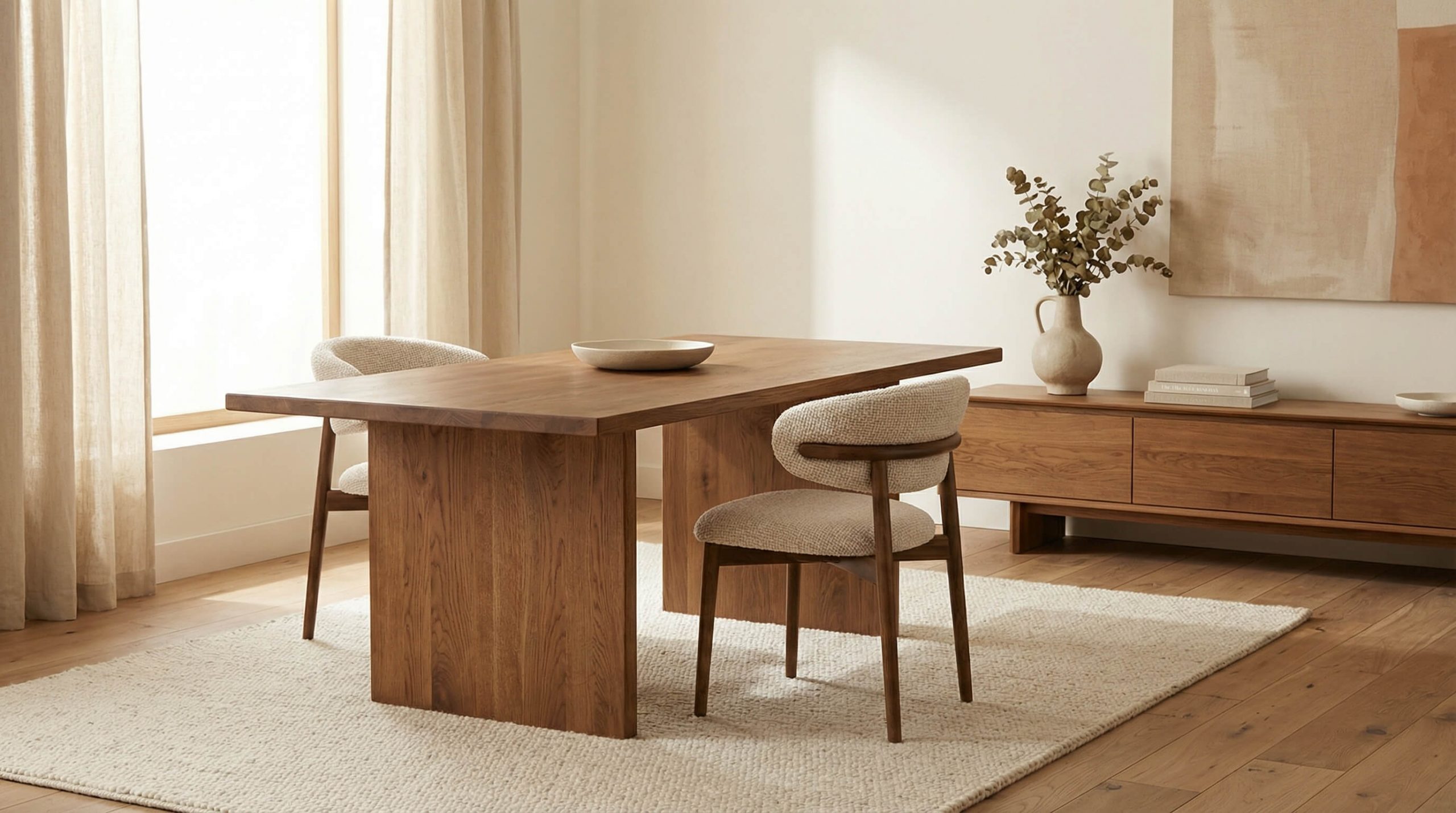 Hyperrealistisches Interior, das zeigt, wie Farbkonzepte Eiche harmonisch gestalten und warmes Eichenholz im Raum betonen.