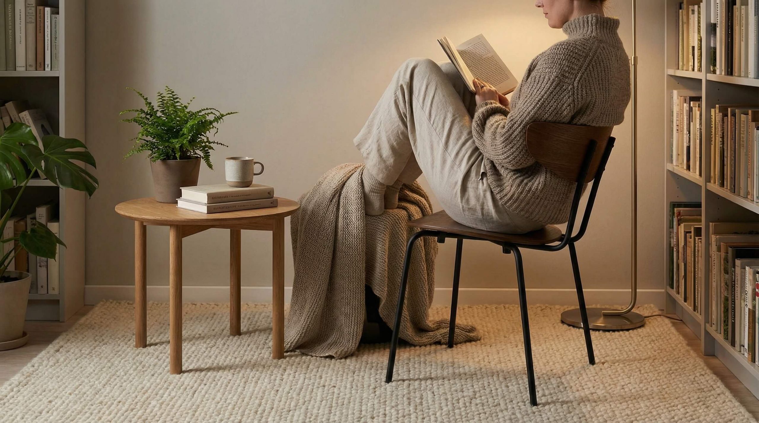 Gemütliche Leseecke mit ergonomischem Eichenstuhl, ideal für Ergonomische Stuhlwahl gesundes Sitzen.