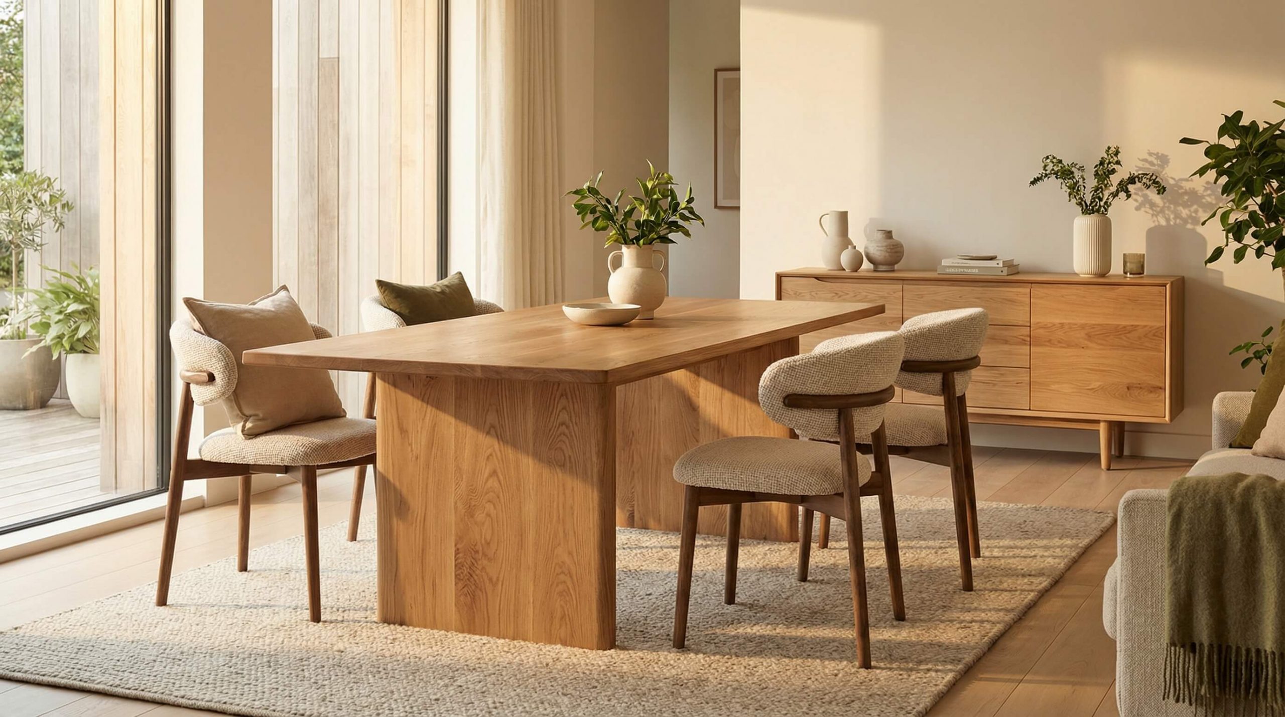 Helles Wohnzimmer mit Eichenmöbeln, warmem Licht und natürlicher Dekoration – Farbkonzepte Eiche harmonisch gestalten.