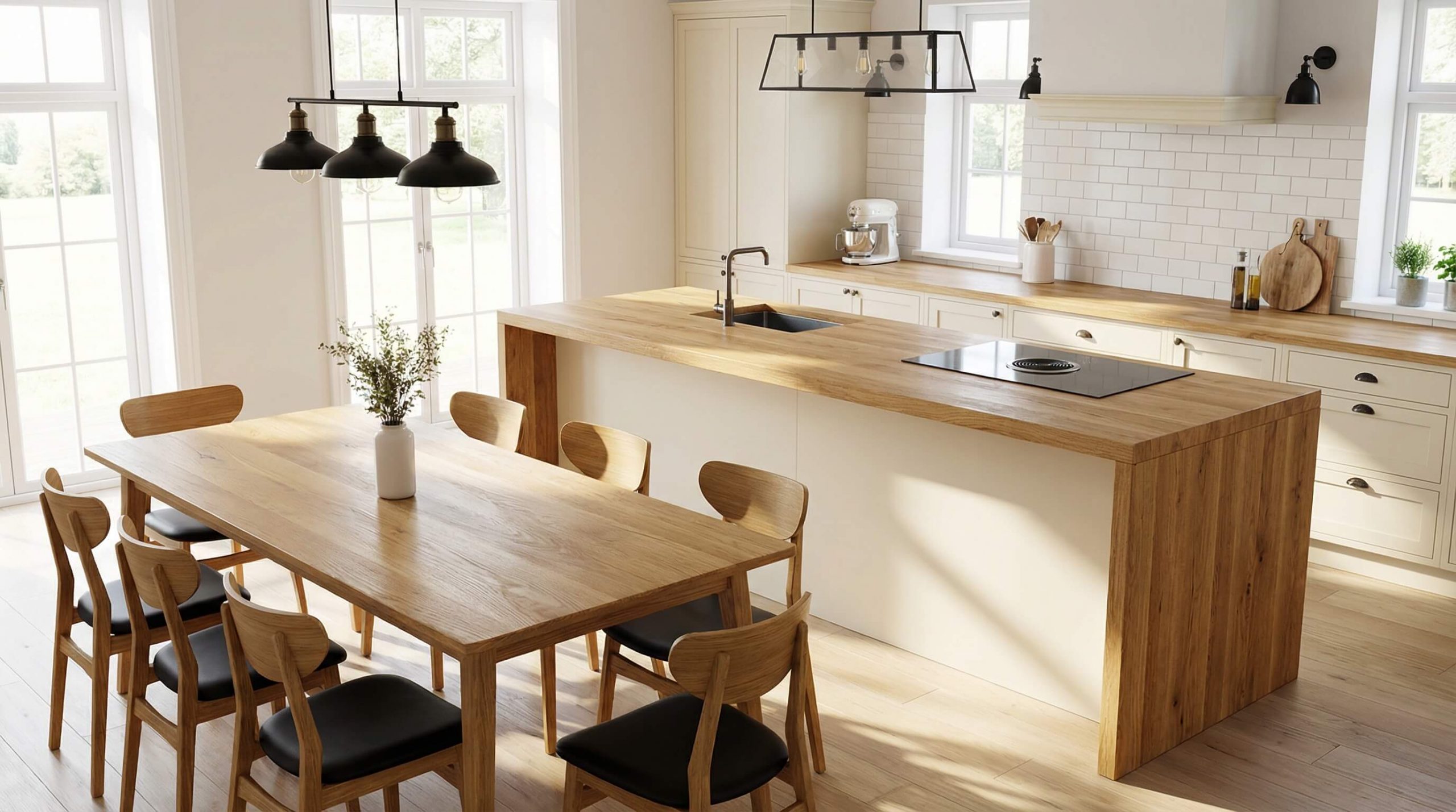 Helle Wohnküche mit Eichenakzenten, natürlichem Tageslicht und harmonischer Massivholzwirkung aus allen Bildreferenzen.