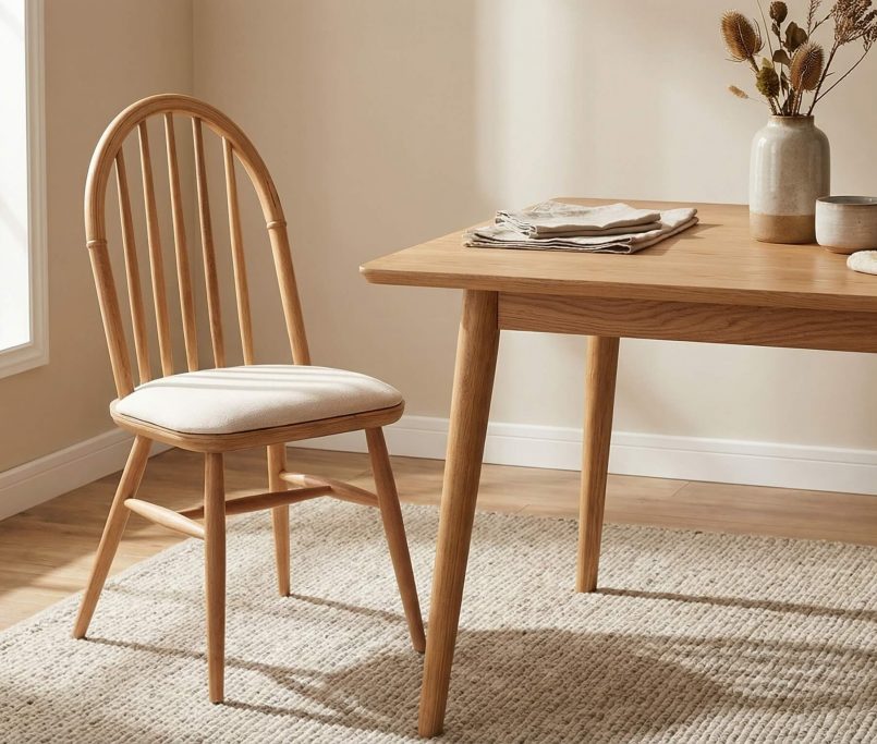 Hyperrealistische Szene zeigt Holzpflege Tipps langanhaltende Möbelqualität mit warmem Licht und hochwertiger Eichenoberfläche.