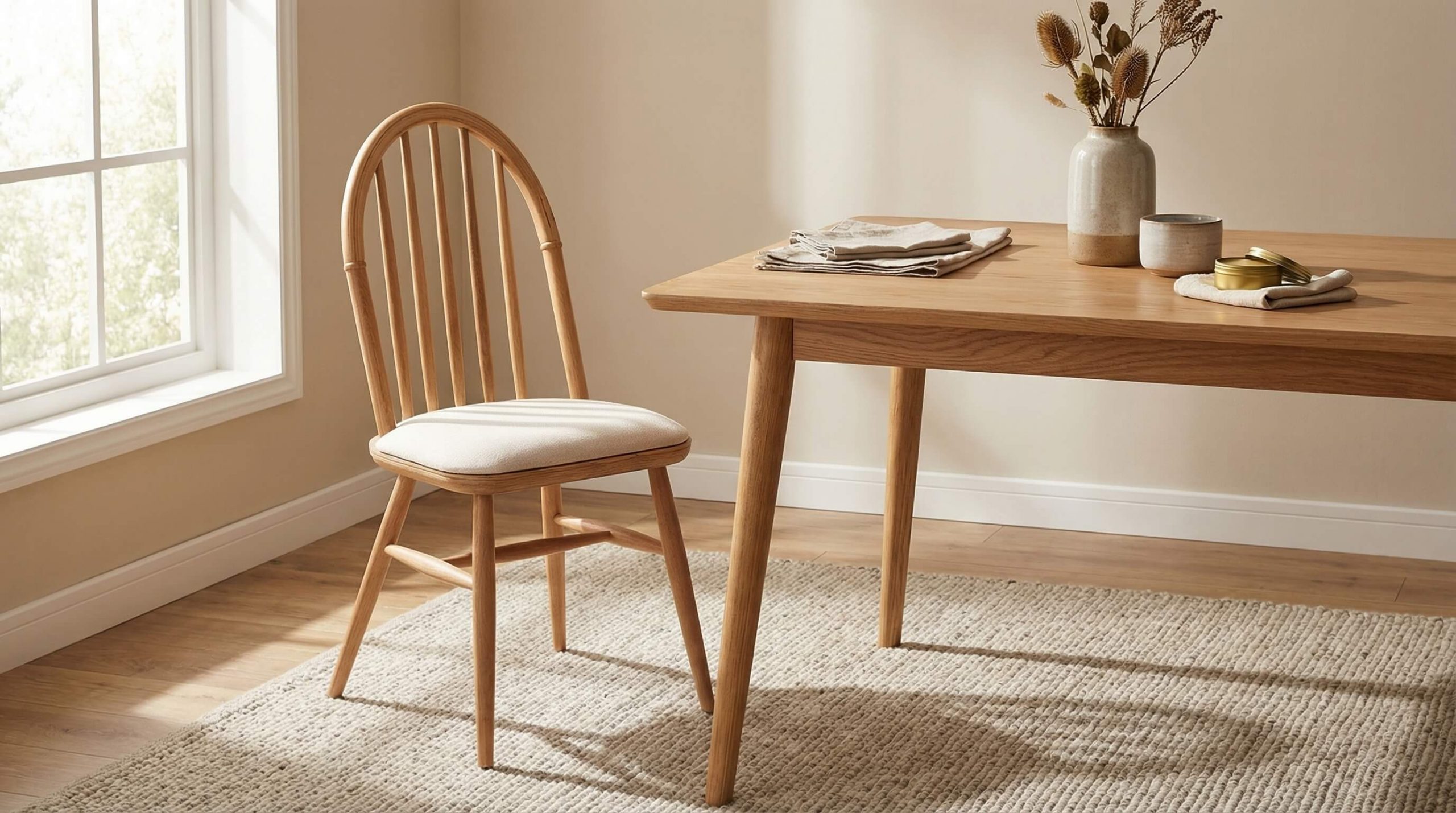 Hyperrealistische Szene zeigt Holzpflege Tipps langanhaltende Möbelqualität mit warmem Licht und hochwertiger Eichenoberfläche.