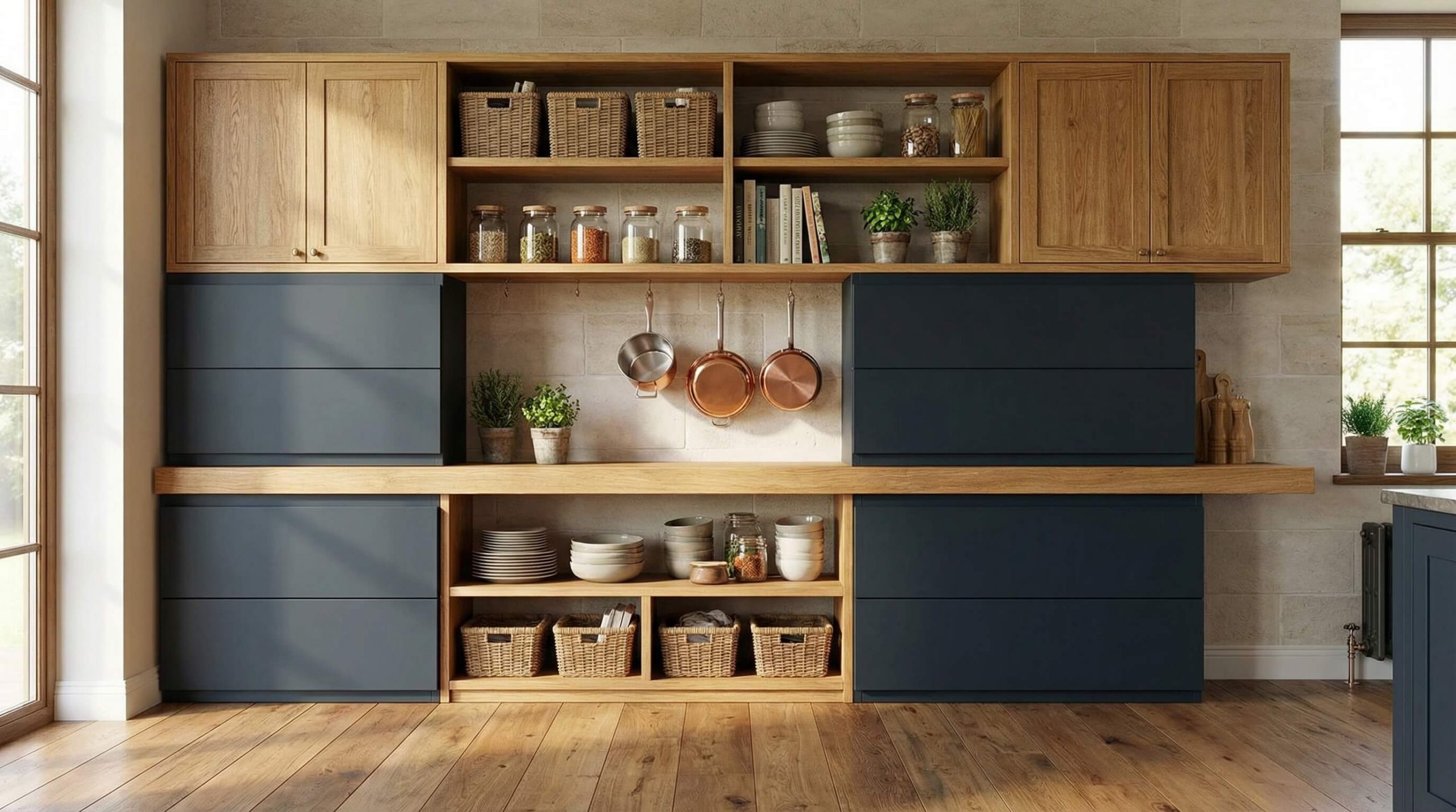 Modernes Küchenregal aus Holz mit klar strukturiertem Stauraum, Körben und harmonischer Materialkombination für Ordnung.