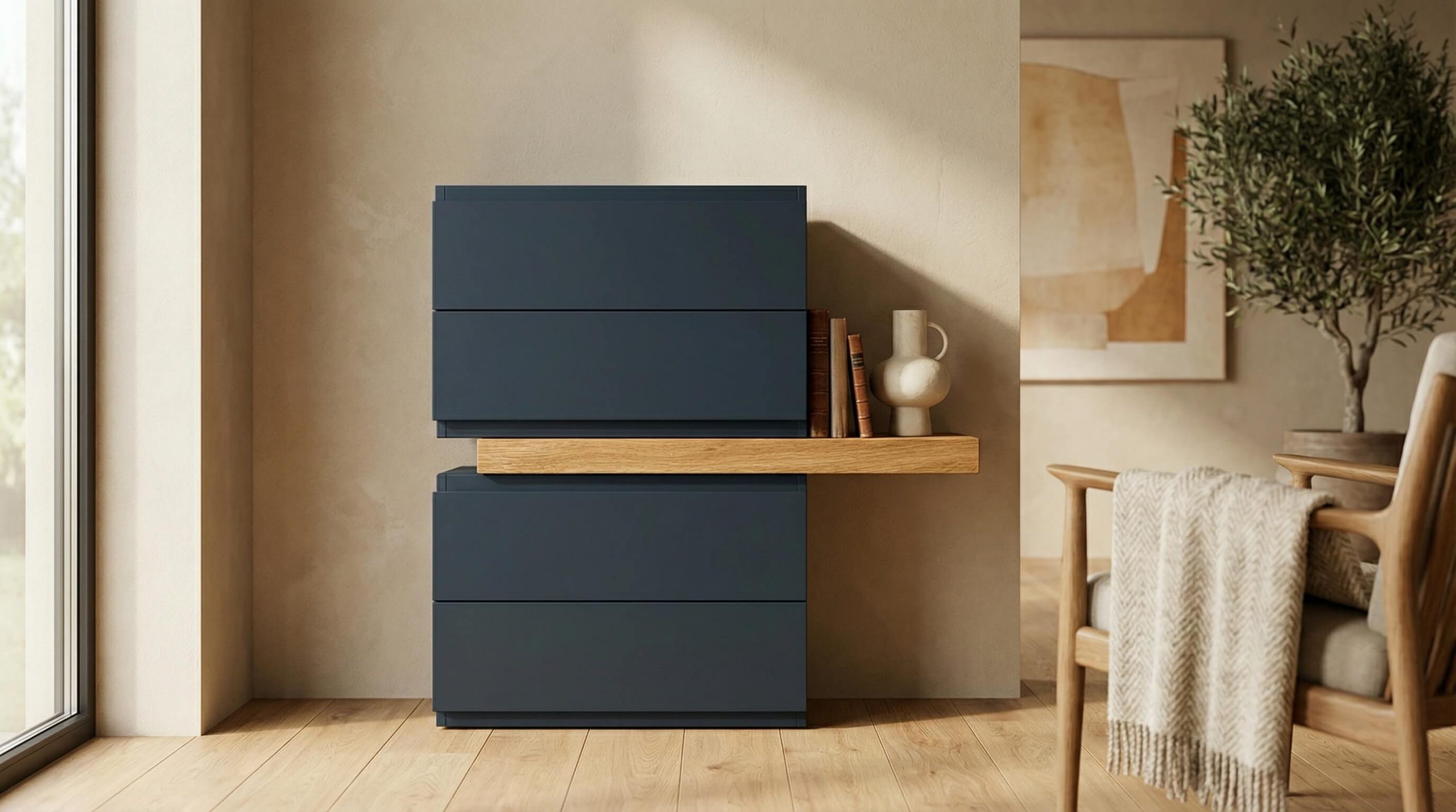 Hyperrealistische Szene für Linea Kommode Wohnraum Styling Ideen mit warmer minimalistischer Einrichtung und klarer Eichenholzästhetik.