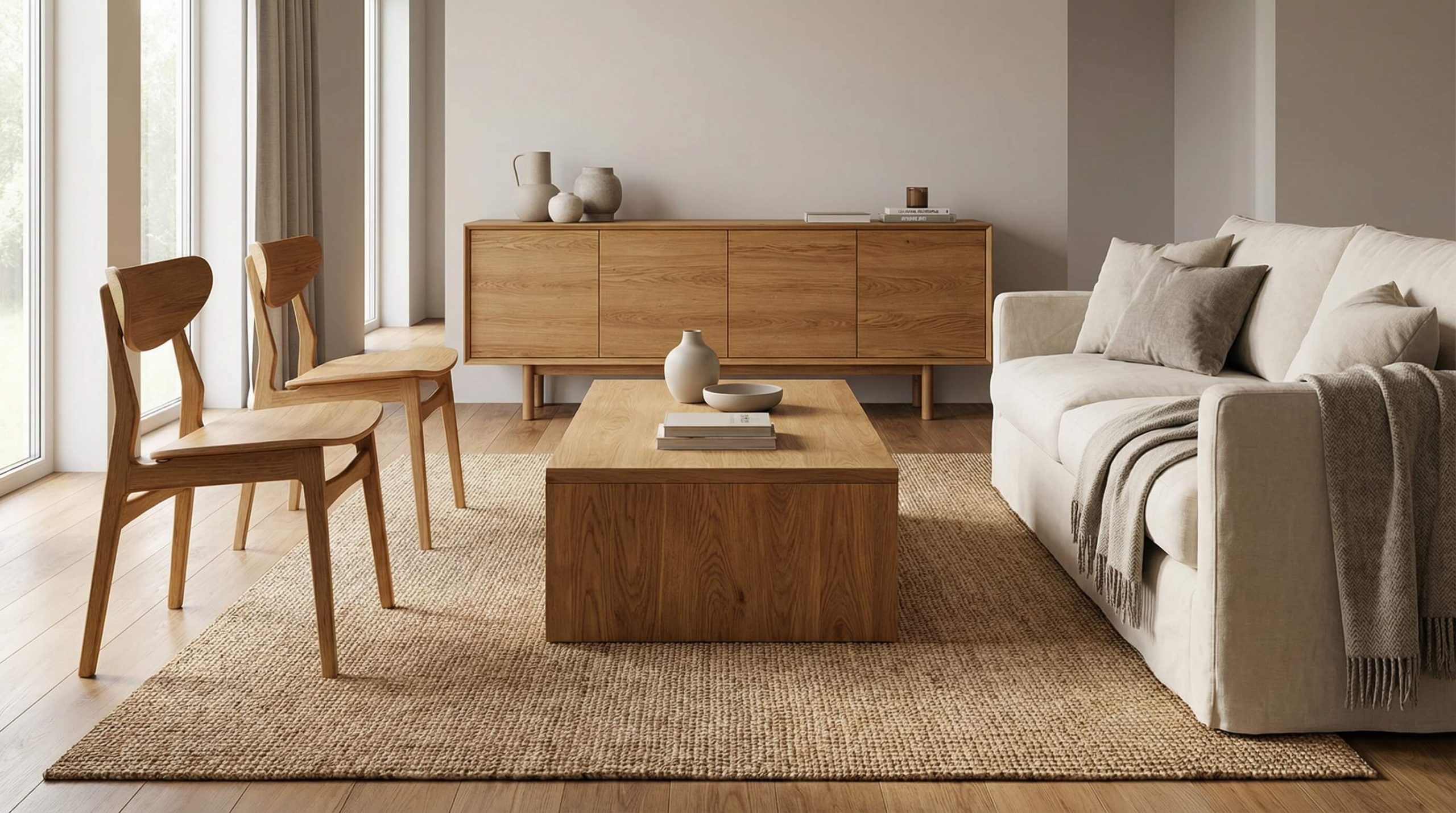 Minimalistischer Wohnraum mit Eichenmöbeln, weichem Licht und deutlich sichtbarer Maserung, basierend auf allen Referenzdetails.