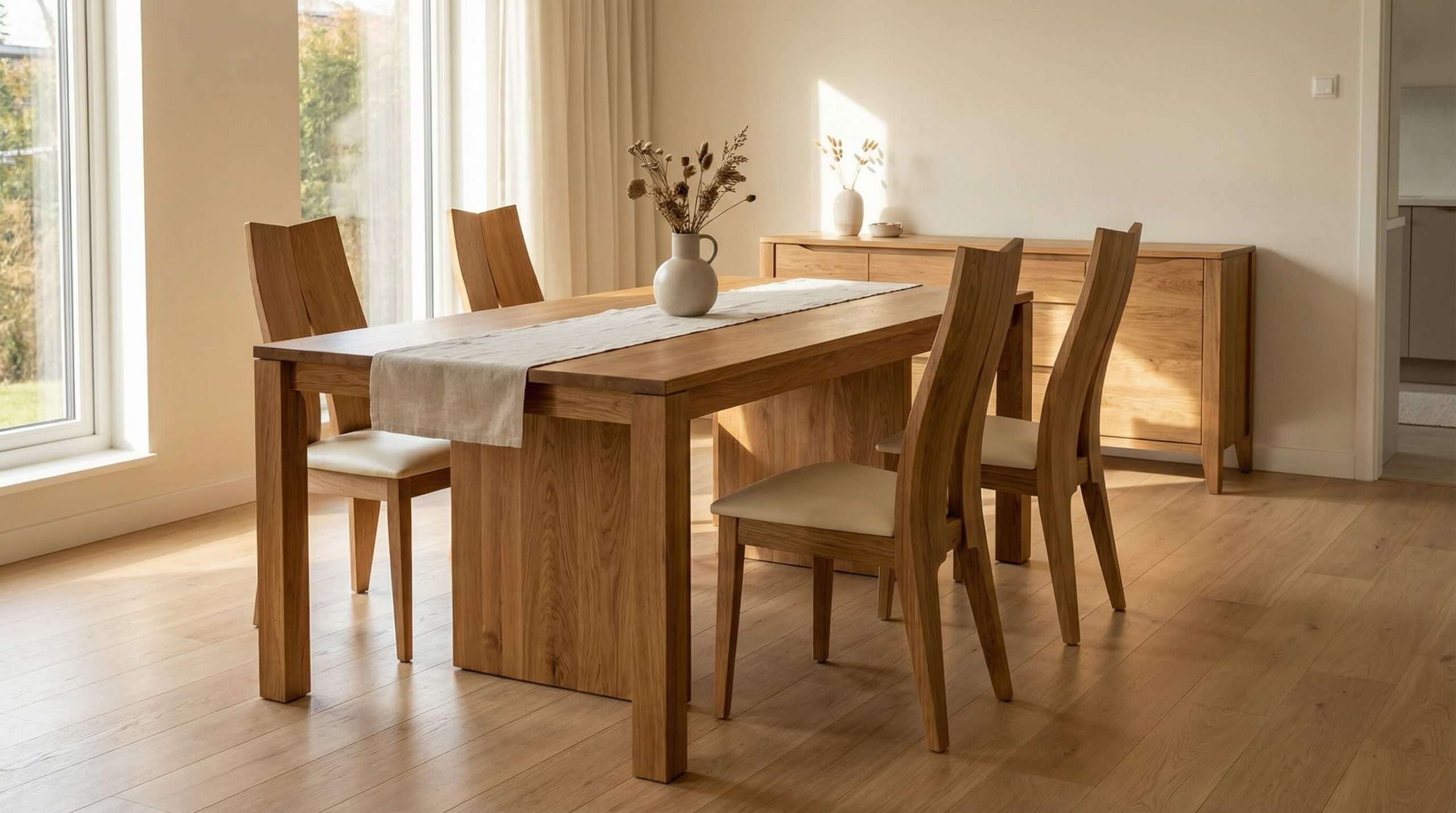 Hyperrealistische Szene zur Massivholz Esszimmergestaltung Tipps mit warmem Licht, klarer Eichenholzstruktur und elegantem minimalistischen Ambiente.