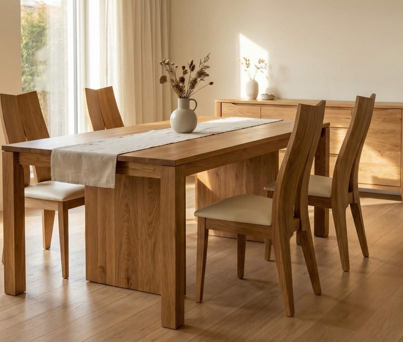 Hyperrealistische Szene zur Massivholz Esszimmergestaltung Tipps mit warmem Licht, klarer Eichenholzstruktur und elegantem minimalistischen Ambiente.