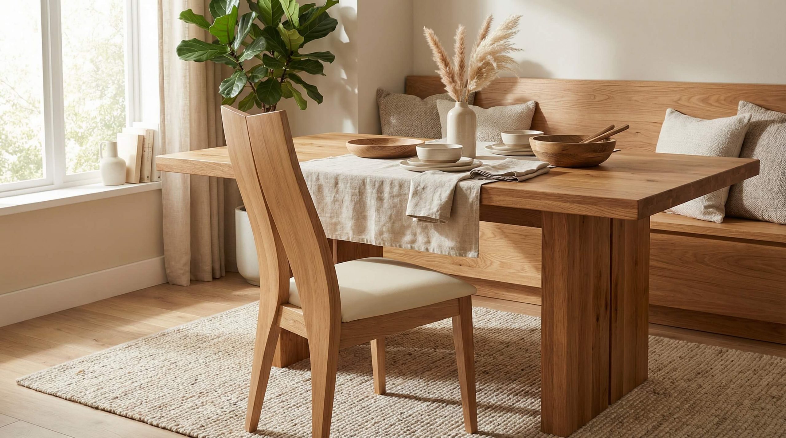 Hochwertiger Essbereich mit ergonomischem Eichenstuhl aus massiver Eiche, warmem Licht und natürlicher Holzmaserung.