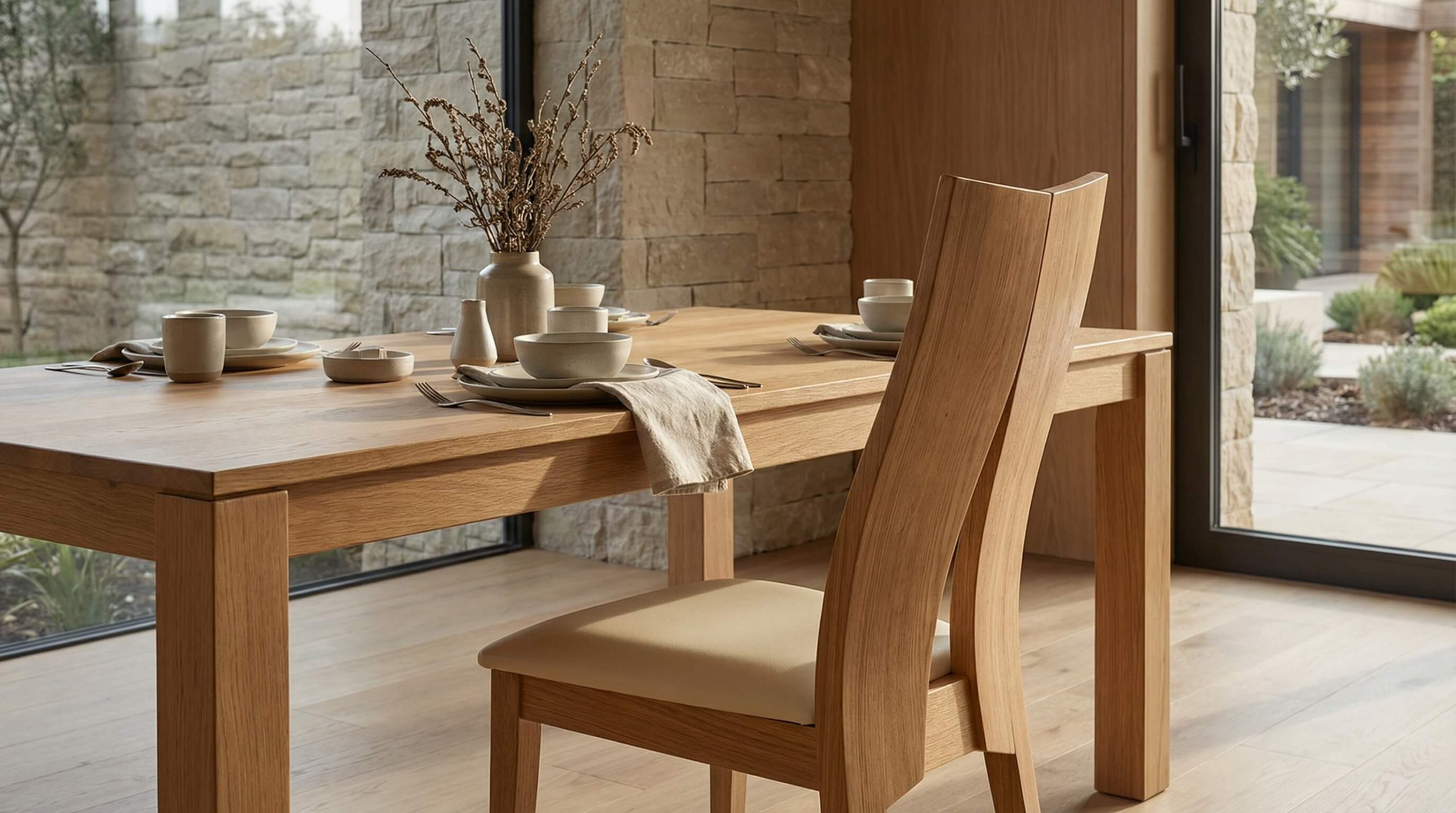 Zeitloser Essraum mit massivem Eichenstuhl, ergonomischer Rückenlehne und weichem warmem Licht.