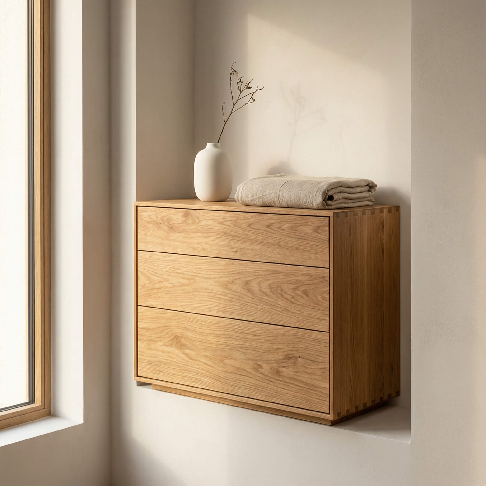 Teaserbild zur optimalen Stauraumplanung Linea Kommode mit hochwertigem Massivholz-Interior in modernem Raum.