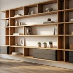 Hyperrealistische Interior-Szene mit elegant geplantem Regal aus hochwertiger Eiche, warmes Licht, klare Ordnung und minimalistischer Stil.