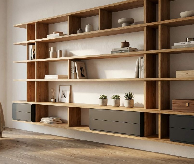 Hyperrealistische Interior-Szene mit elegant geplantem Regal aus hochwertiger Eiche, warmes Licht, klare Ordnung und minimalistischer Stil.