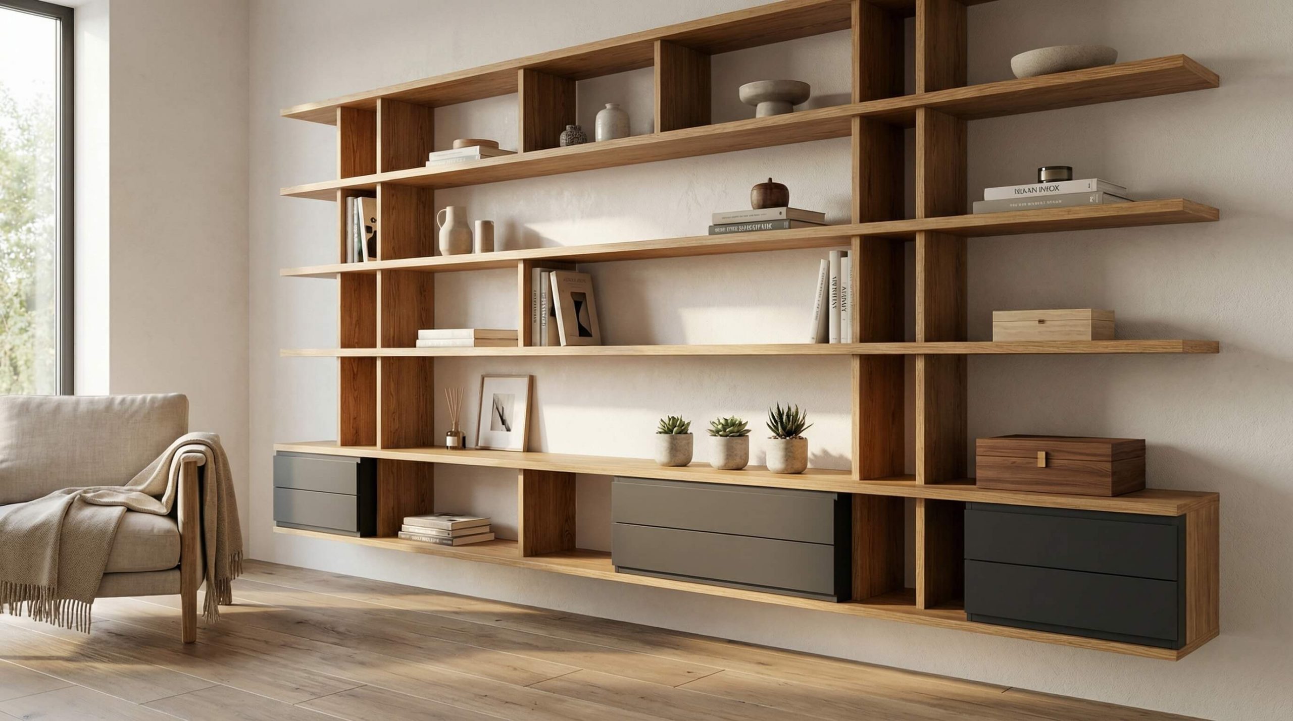 Hyperrealistische Interior-Szene mit elegant geplantem Regal aus hochwertiger Eiche, warmes Licht, klare Ordnung und minimalistischer Stil.