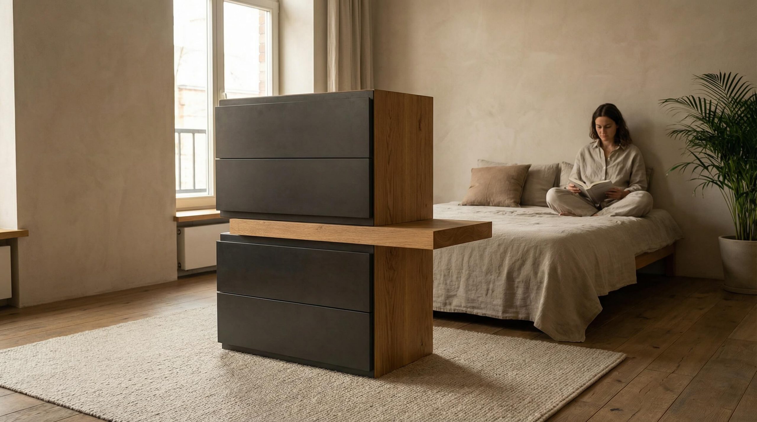 Hyperrealistisches Schlafzimmer mit Eiche-Linea Kommode für optimale Stauraumplanung Linea Kommode im warmen Tageslicht.