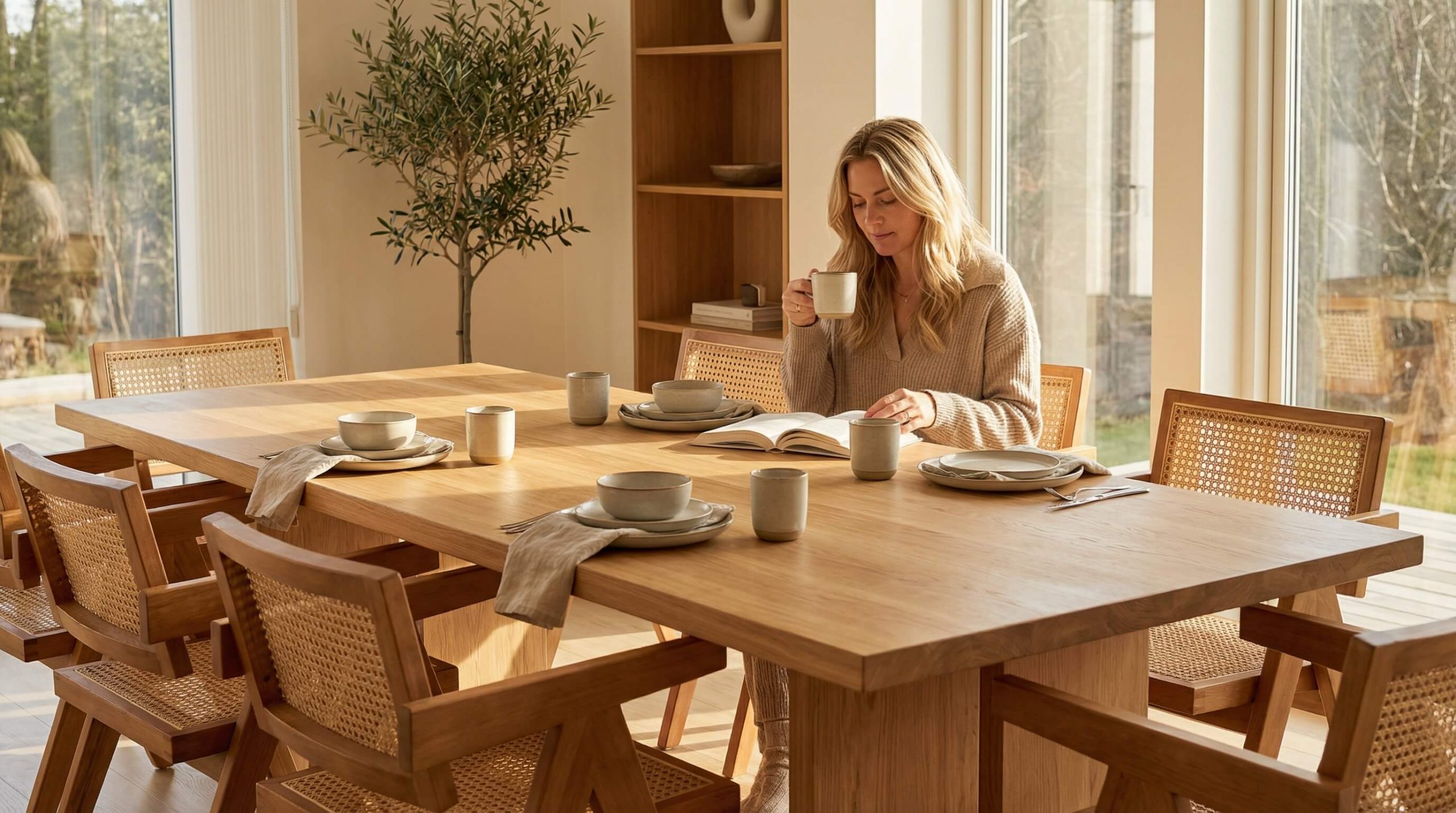 Skandinavisches Interior Design Massivholz in einem hellen Esszimmer mit Eichenmöbeln und natürlichem Licht.