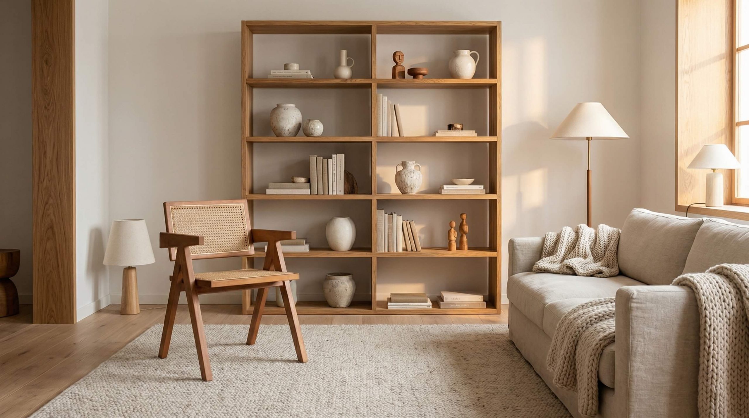 Skandinavisches Interior Design Massivholz in einem hellen Wohnzimmer mit Eichenregal und weichen Texturen.