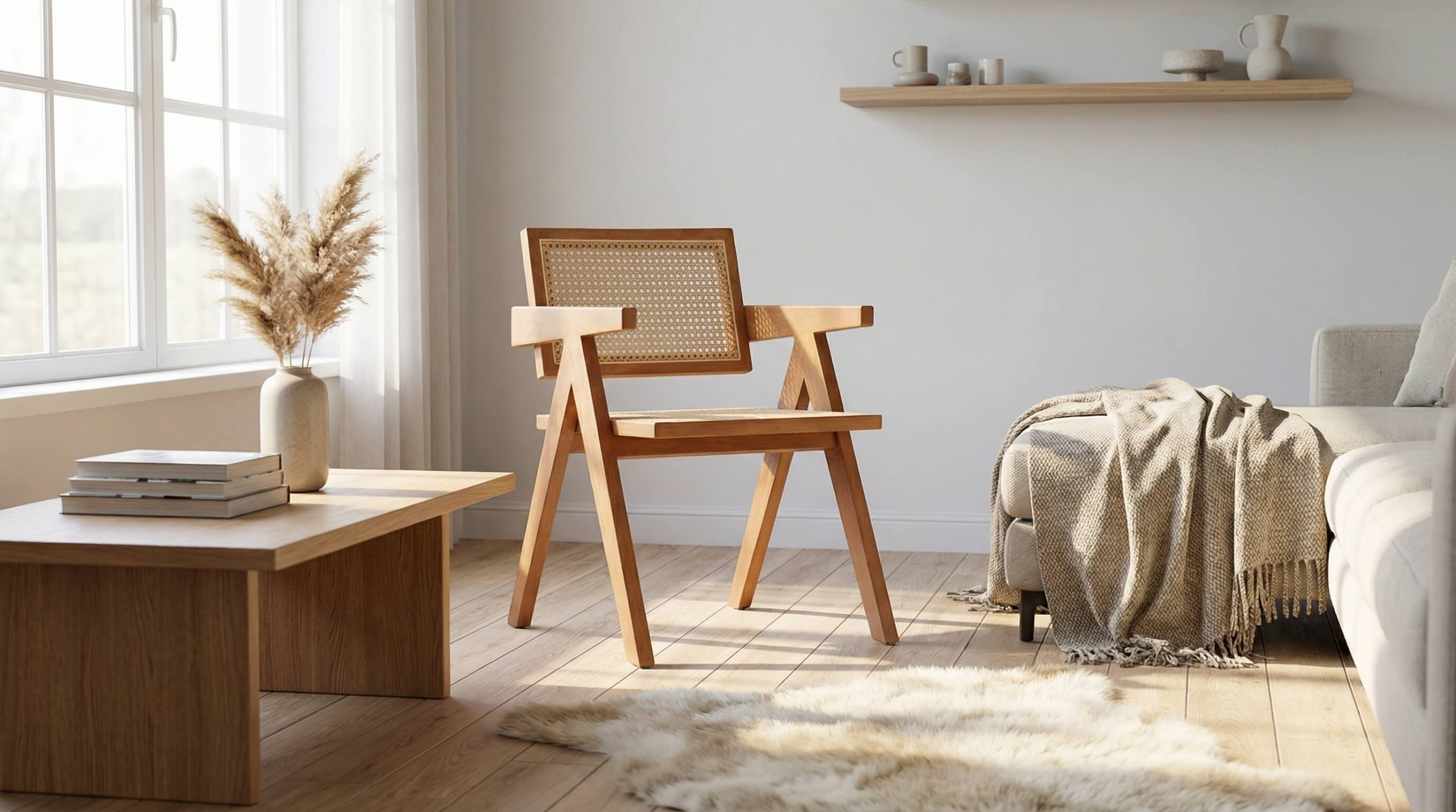 Hyperrealistisches skandinavisches Interior mit hellem Eichenholz, klaren Linien und natürlicher, warmer Raumwirkung.