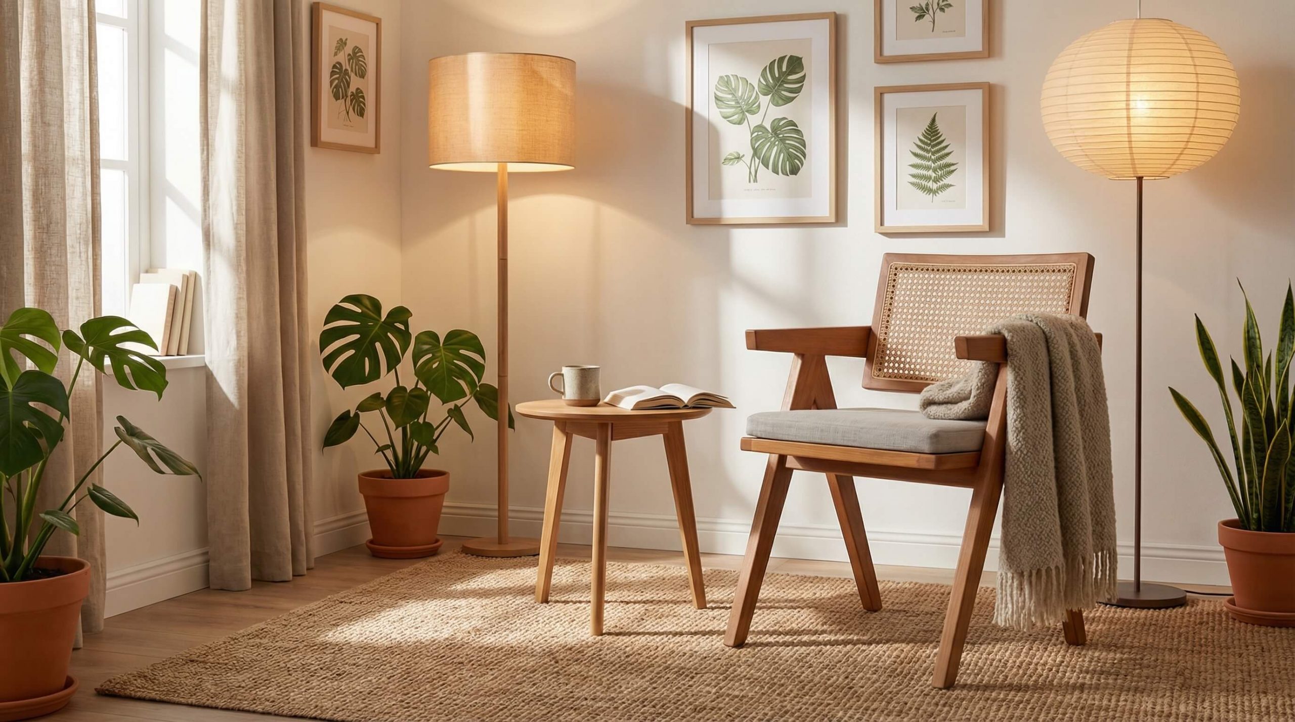 Gemütliche skandinavische Leseecke mit hellen Farben, Eichenholzstuhl und natürlichem Licht für warmen, klaren Look.