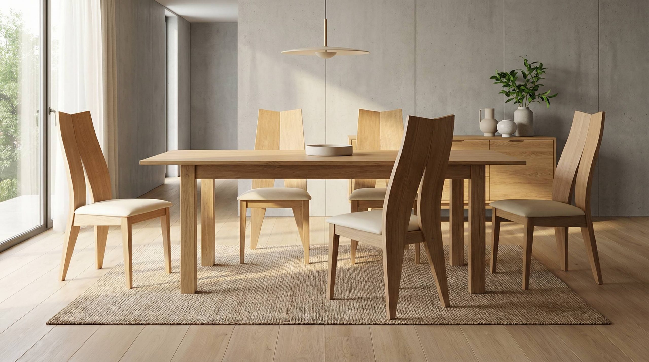 Skandinavisch inspirierter Essbereich mit ergonomischem Eichenstuhl und warmem natürlichem Licht.